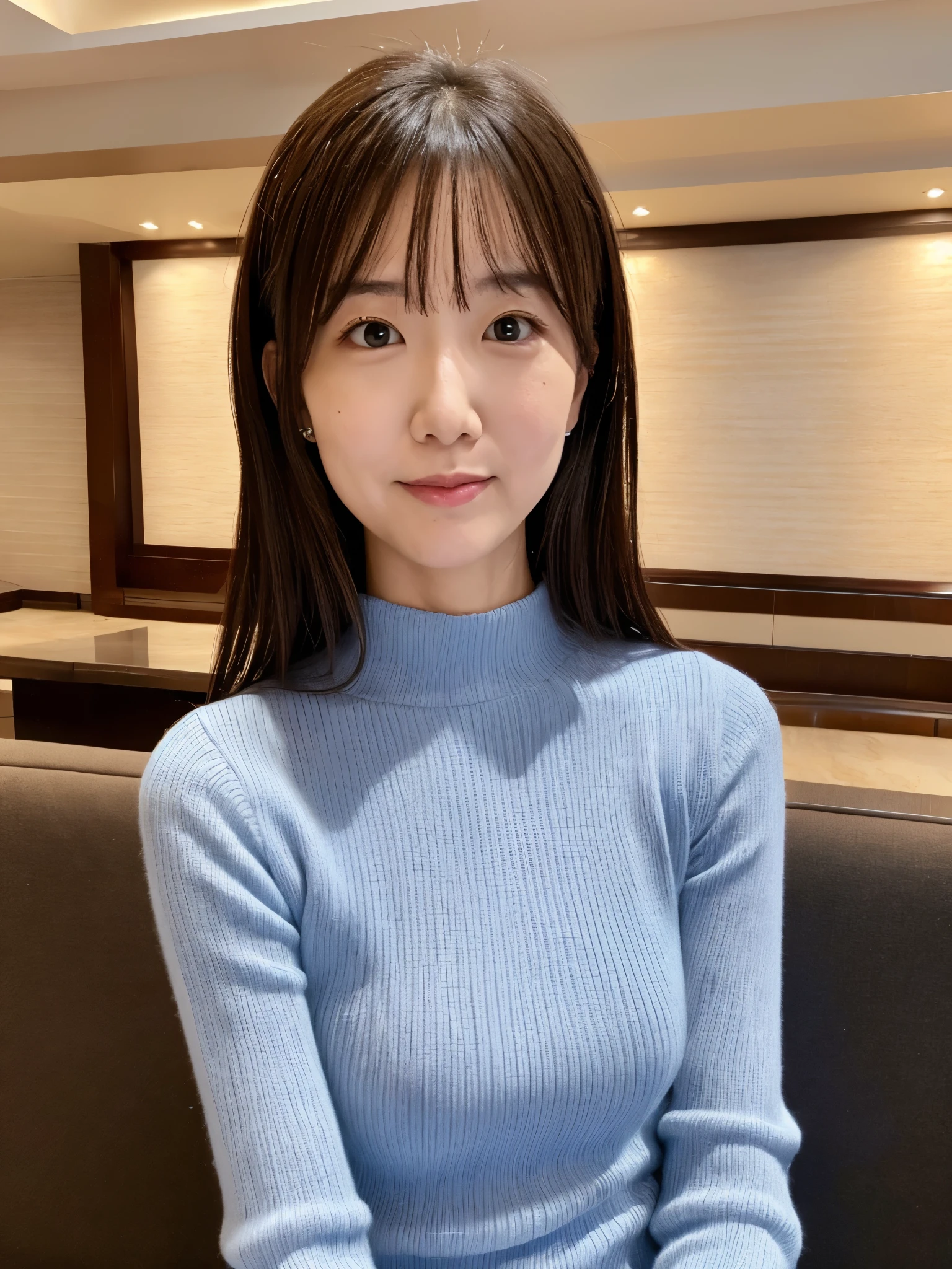 (High reality photograph, high resolusion, detailed face, detailed eyes) Skinny Japanese lady, 40 years old, cute face, various face expression, various hair style, skinny figure, very small breasts, very thin waist, in a hotel lobby, tight knit dress