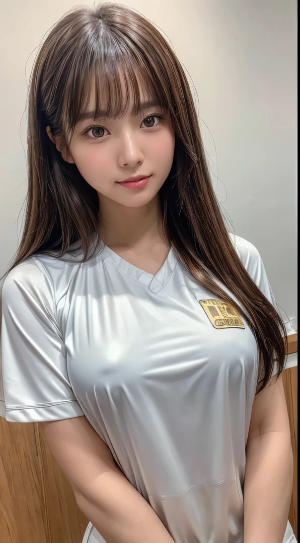 (8k,masterpiece, RAW photo,best quality:1.4),(photo realistic:1.2),(extremely detailed face),(shiny skin),(detailed skin),(detailed face),(extremely beautiful face),1girl,looking at viewer,Japanese idle(actress), brown hair,medium hair,straight hair,asymmetrical bangs,smile,glamor,large breasts,volleyball uniform,gymnasium,full body shot,natural lighting