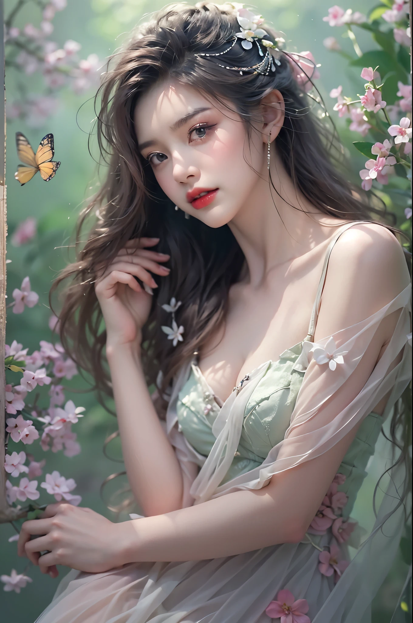 Romantic Rosette dress2, ((knee shot)), fashi-girl, red lips, mature female, makeup, photorealestic、real photograph、((realisticlying:1.5))、周围头发有白butterflys兰，Lilac dendrobium、white lilies、1 girl in、Brown hair、floated hair、Hazy beauty、A plump chest, Nice, cleavage, slender leg, Seductive legs, posing elegantly, Have extremely beautiful facial features、Hairpin on the head、perfect hand、(springtime、raining day、butterflys、precipice)、 vectorial art、Chinese contemporary art、Soft lighting、looking-down