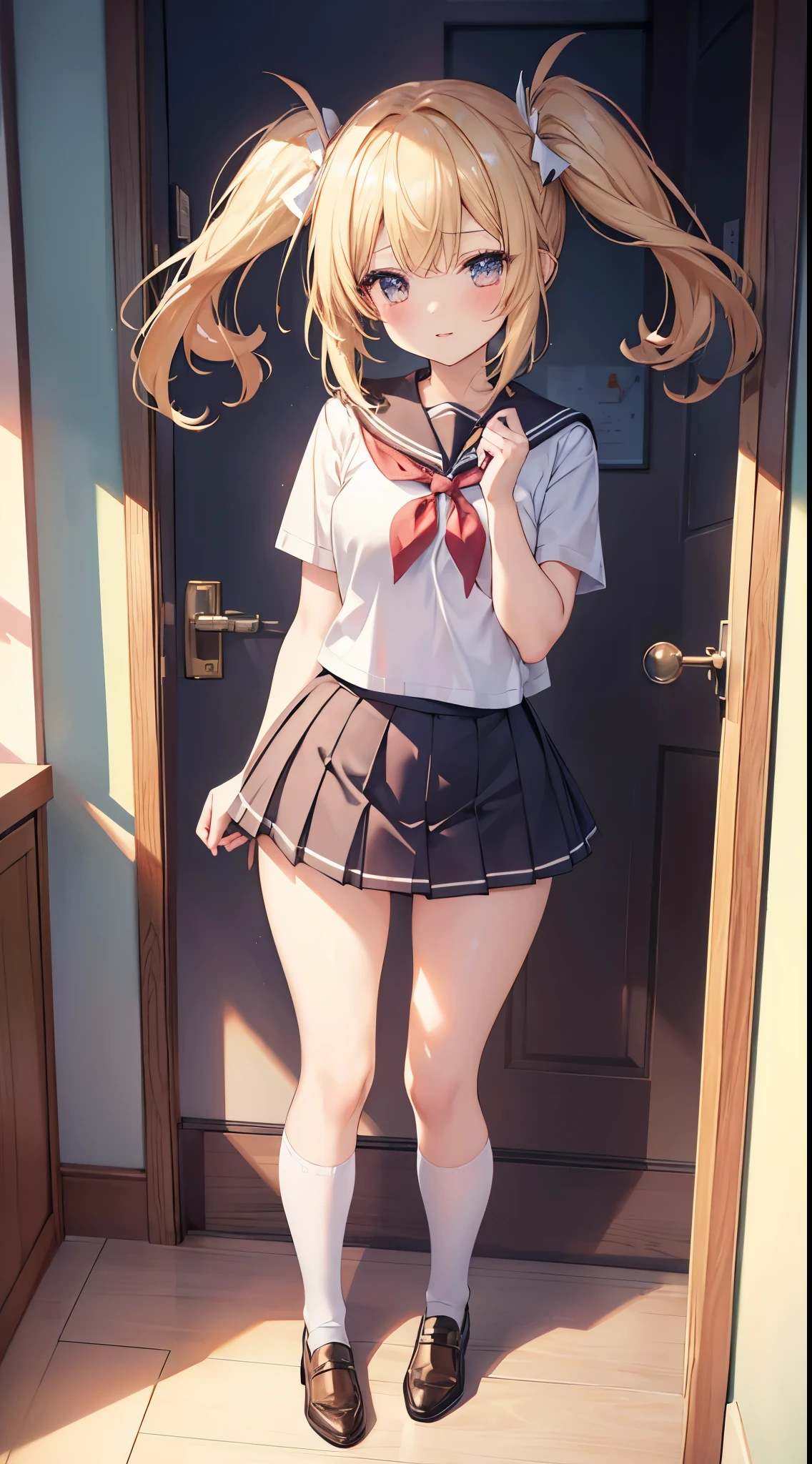 1girl in, Parted lips, blush, makeup, lightsmile, School uniform, Full body, Wide Angle, From  above, crass room, llight rays, Glow, thighs thighs thighs thighs, 鎖骨, Narrow waist, (masutepiece), Wallpaper,Beautiful skins、twin-tail hair、Bright blonde hair、(skirt rift、white  panties)