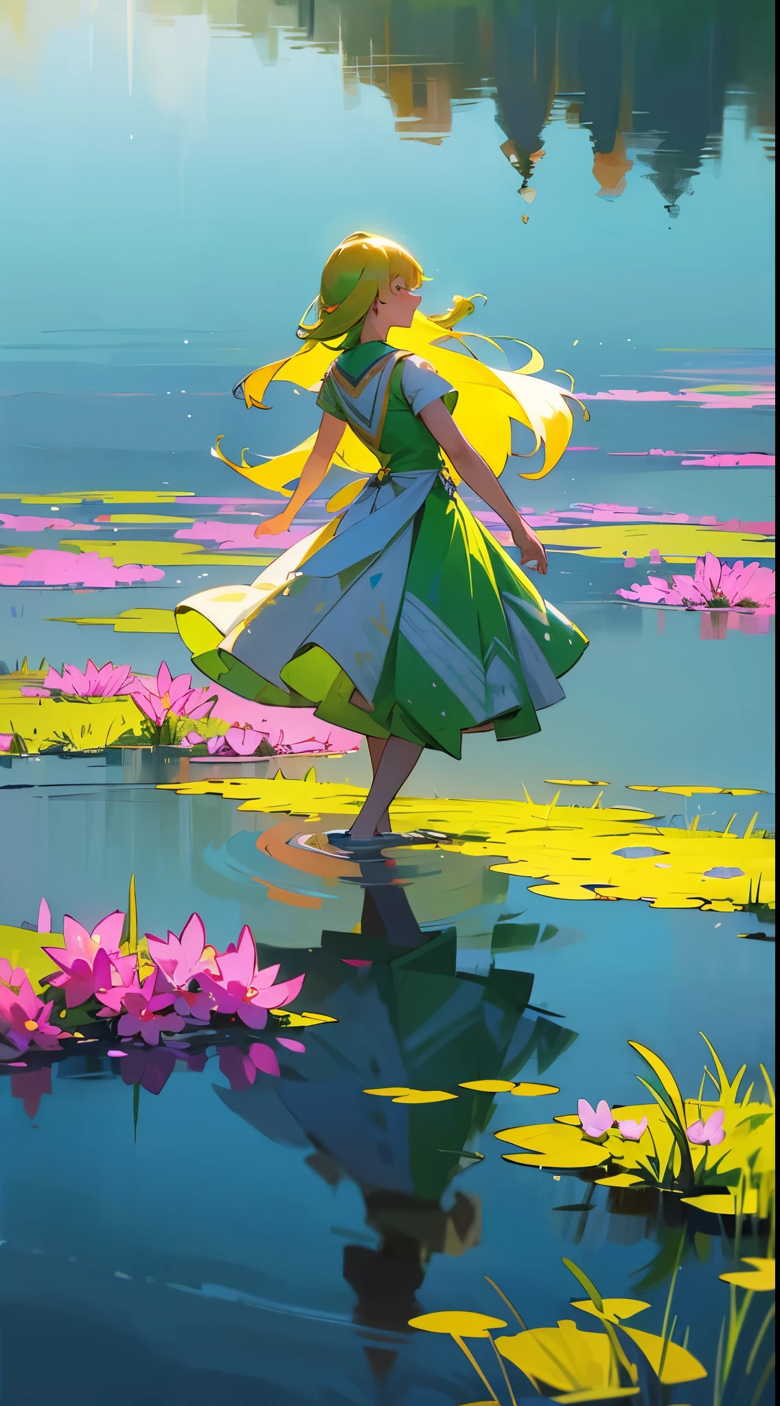 Mulher,dancing in a lake, com um lago cintilante, refletindo a luz do sol, as sombras das arvores, in summer, com flores de diversas cores que combinam com o ambiente, (ultra detalhado), (great quality)