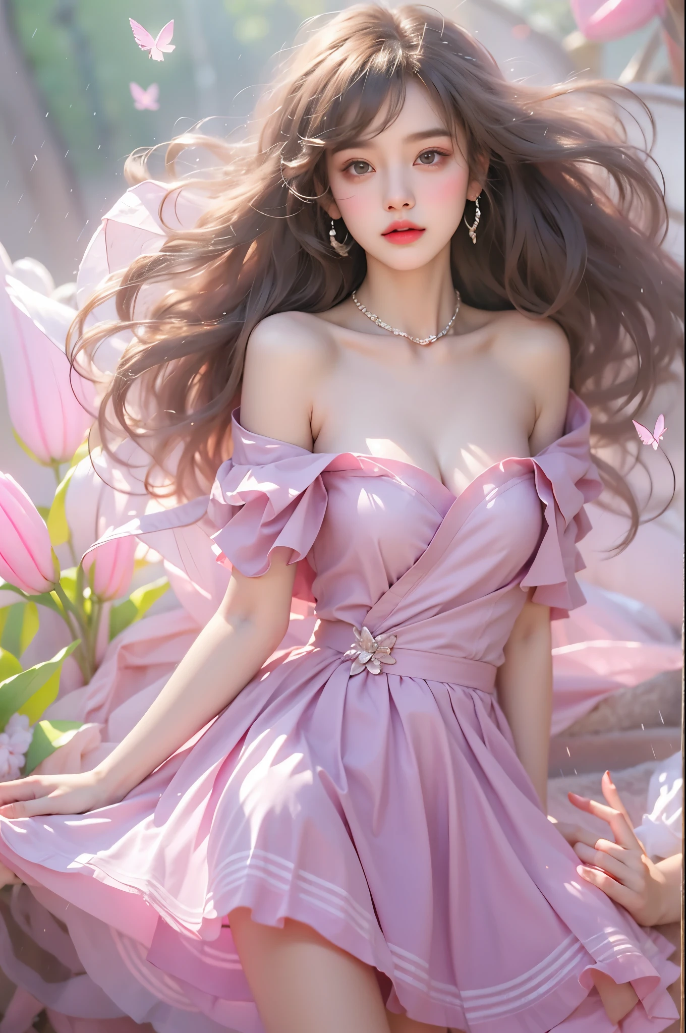 pleated skirt,pink skirt,pink sailor collar, ((knee shot)), fashi-girl, red lips, mature female, makeup, photorealestic、real photograph、((realisticlying:1.5))、周围头发有白butterflys兰，Lilac dendrobium、white lilies、1 girl in、Brown hair、floated hair、Hazy beauty、A plump chest, Nice, cleavage, slender leg, Seductive legs, posing elegantly, Have extremely beautiful facial features、Hairpin on the head、perfect hand、(springtime、raining day、butterflys、precipice)、 vectorial art、Chinese contemporary art、Soft lighting、looking-down