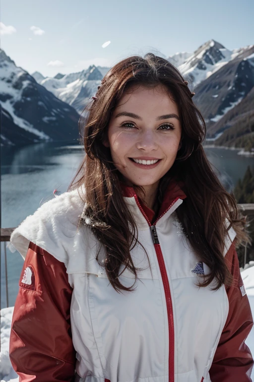Photo profonde, profondeur de champ, Ferrania P30 Film, messy hair, visage parfait, profil, montagnes, fjord, Granuleuse, jour de neige, smiling seductively, Severe camera flash, red head, manteau de marque North Face, Regarder le paysage