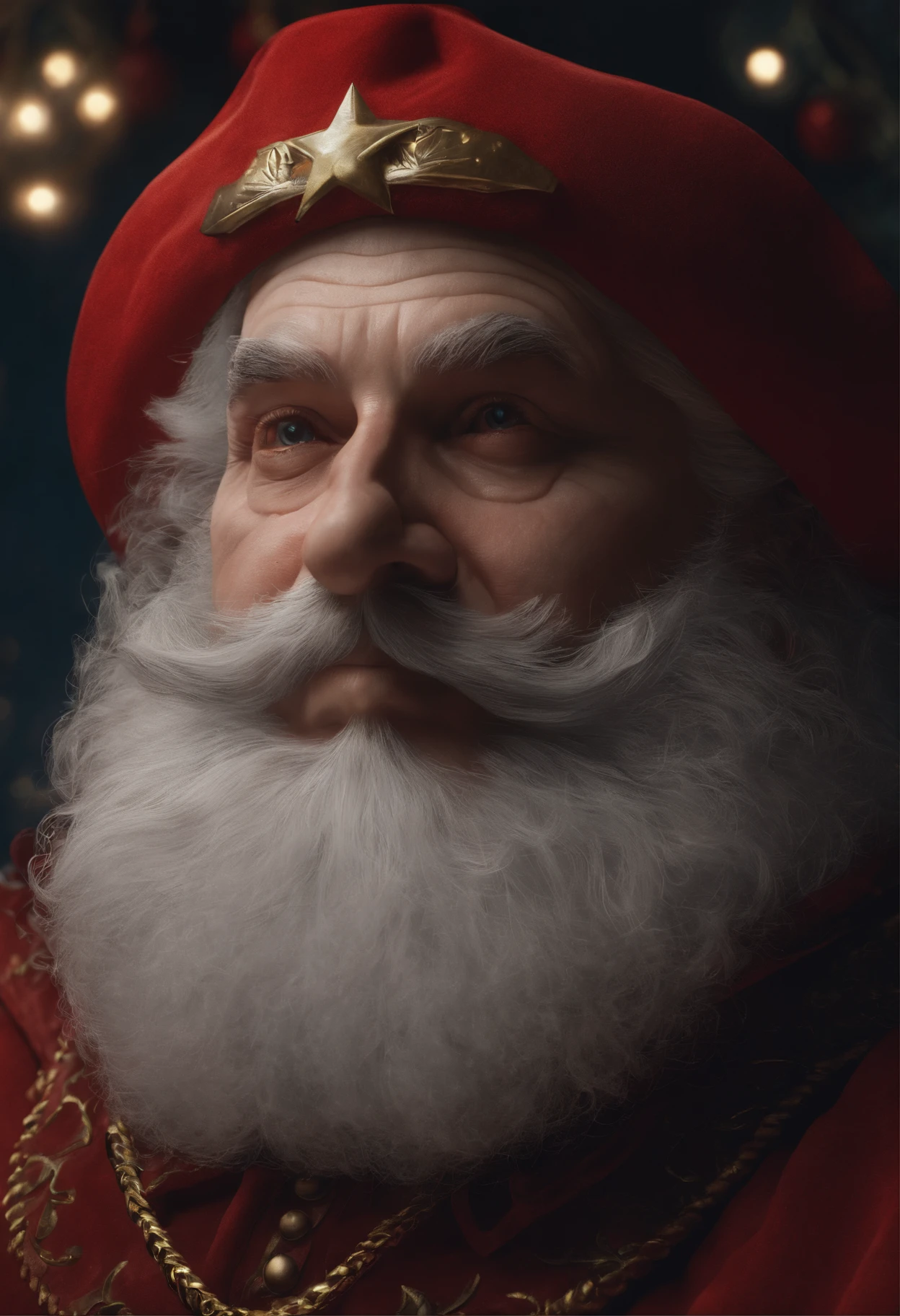 close-up of a clown in a red cape and white beard, Santa clause, Portrait of a Communist Clown, Micheal Cheval (Unreal engine, Santa clausee, cutecore clowncore, as Trending on ArtStation, Trending on ArtStation 4k, Rasputin as Grubhub character, zbrush central contest winner, Trending on ArtStation.'
