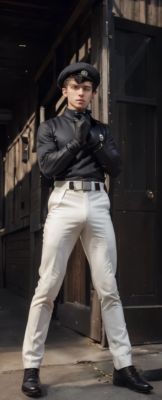 (Best Quality, Work:1.4), (Realism:1.2), (Realisitc:1.2), (Absurdres:1.2), (Photorealistic:1.3), 1 guy,Realistic Skin,Solo,( Very Big Eyes,beautiful detailed eyes , body symmetrical eyes, outdoors, Handsome face, gloves, black gloves, elbow gloves, mole, hat, hair up, red eyes, army uniform