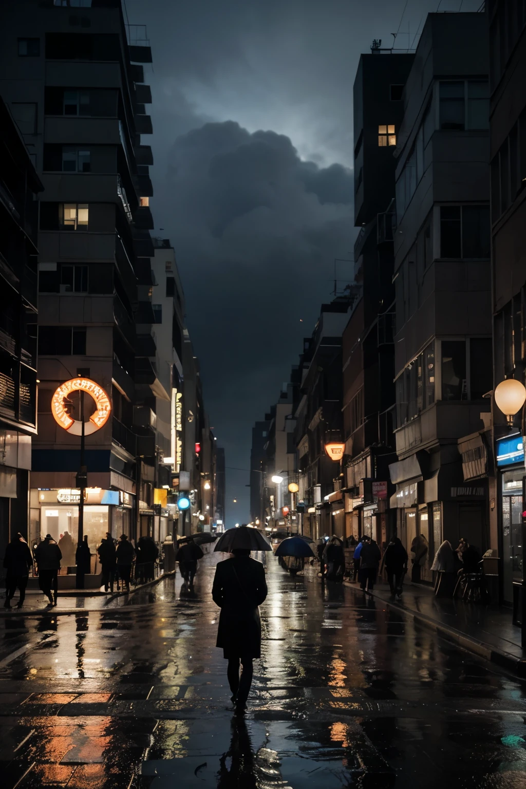 A lonely city and a lonely man, walks on a rainy night, he is very sad and in pain. Art style must be water paint