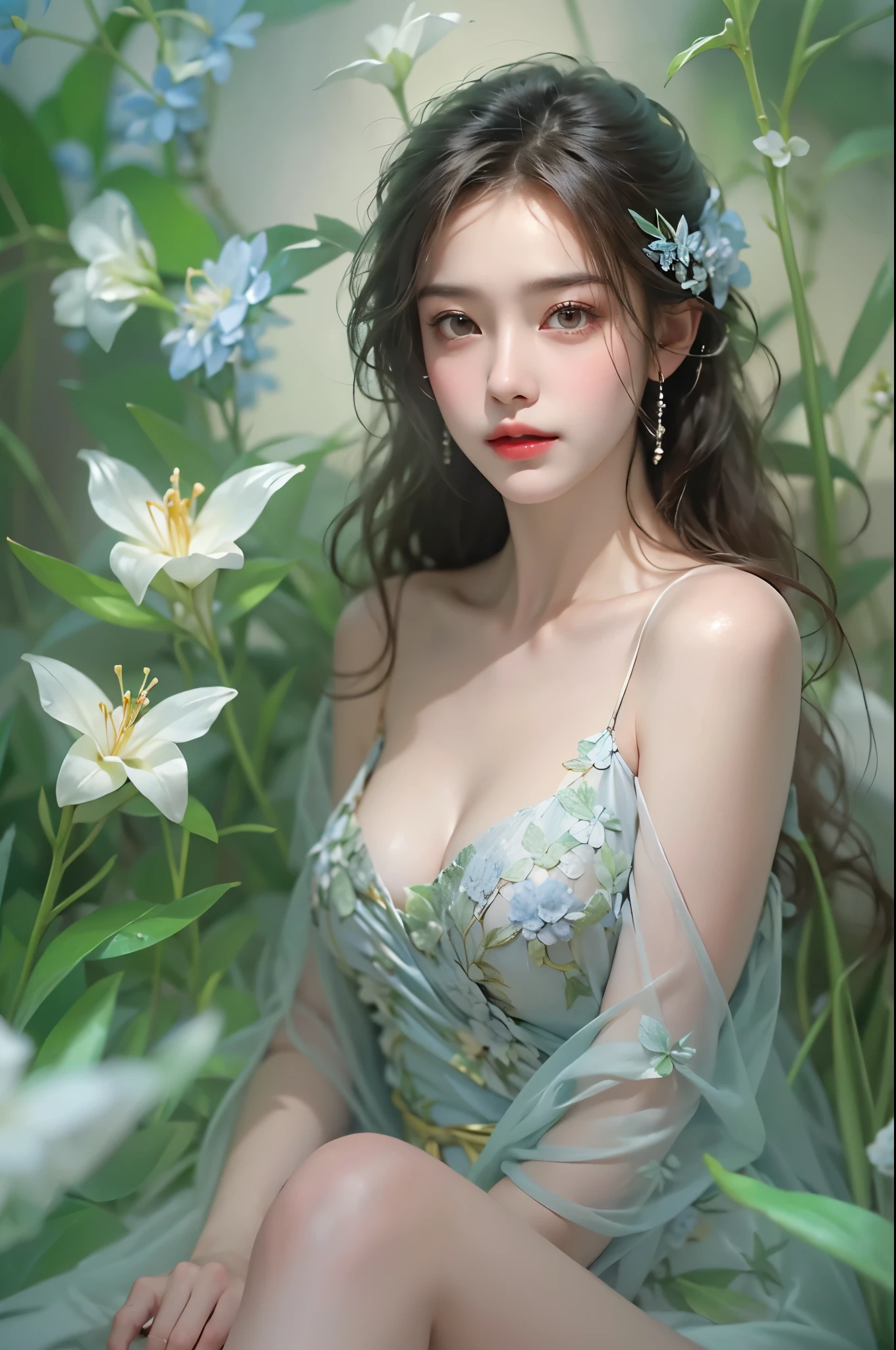 bare shoulders, dress, ((knee shot)), fashi-girl, red lips, mature female, makeup, photorealestic、real photograph、((realisticlying:1.5))、周围头发有白butterflys兰，Lilac dendrobium、white lilies、1 girl in、Brown hair、floated hair、Hazy beauty、A plump chest, Nice, cleavage, slender leg, Seductive legs, posing elegantly, Have extremely beautiful facial features、Hairpin on the head、perfect hand、(springtime、raining day、butterflys、precipice)、 vectorial art、Chinese contemporary art、Soft lighting、looking-down