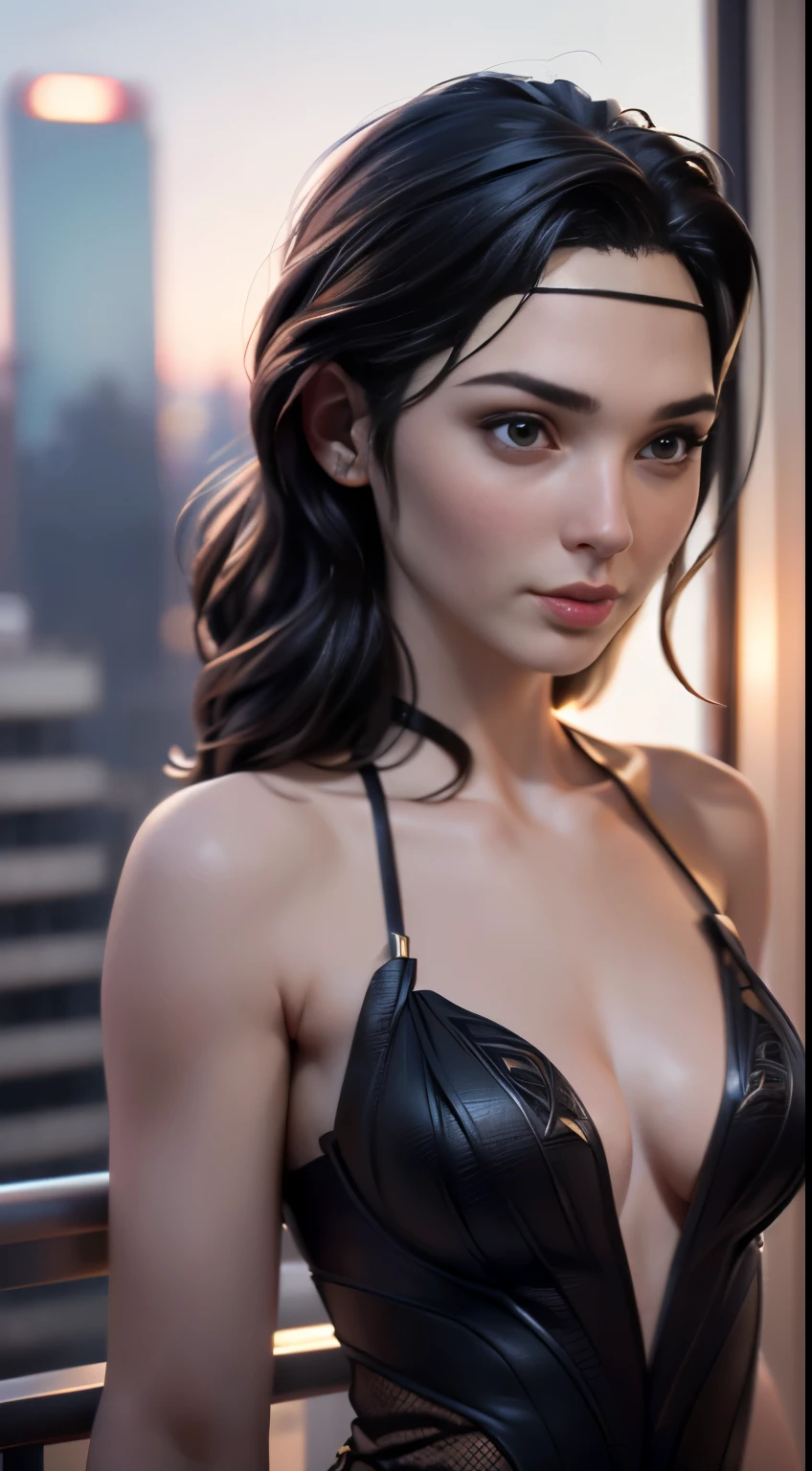 photo of Gal Gadot, RAW, beautiful woman, ((portrait)), ((detailed face:1.2)), ((detailed facial feature, detailed skin, clear skin), (perfect proportioned body, medium breasts), (wearing a black dress) (high detailed city environment, apartment balcony), (realistic photo, best quality, detailed), (8k wallpaper), (cinematic lighting, dramatic lighting) (sharp focus, intricate)