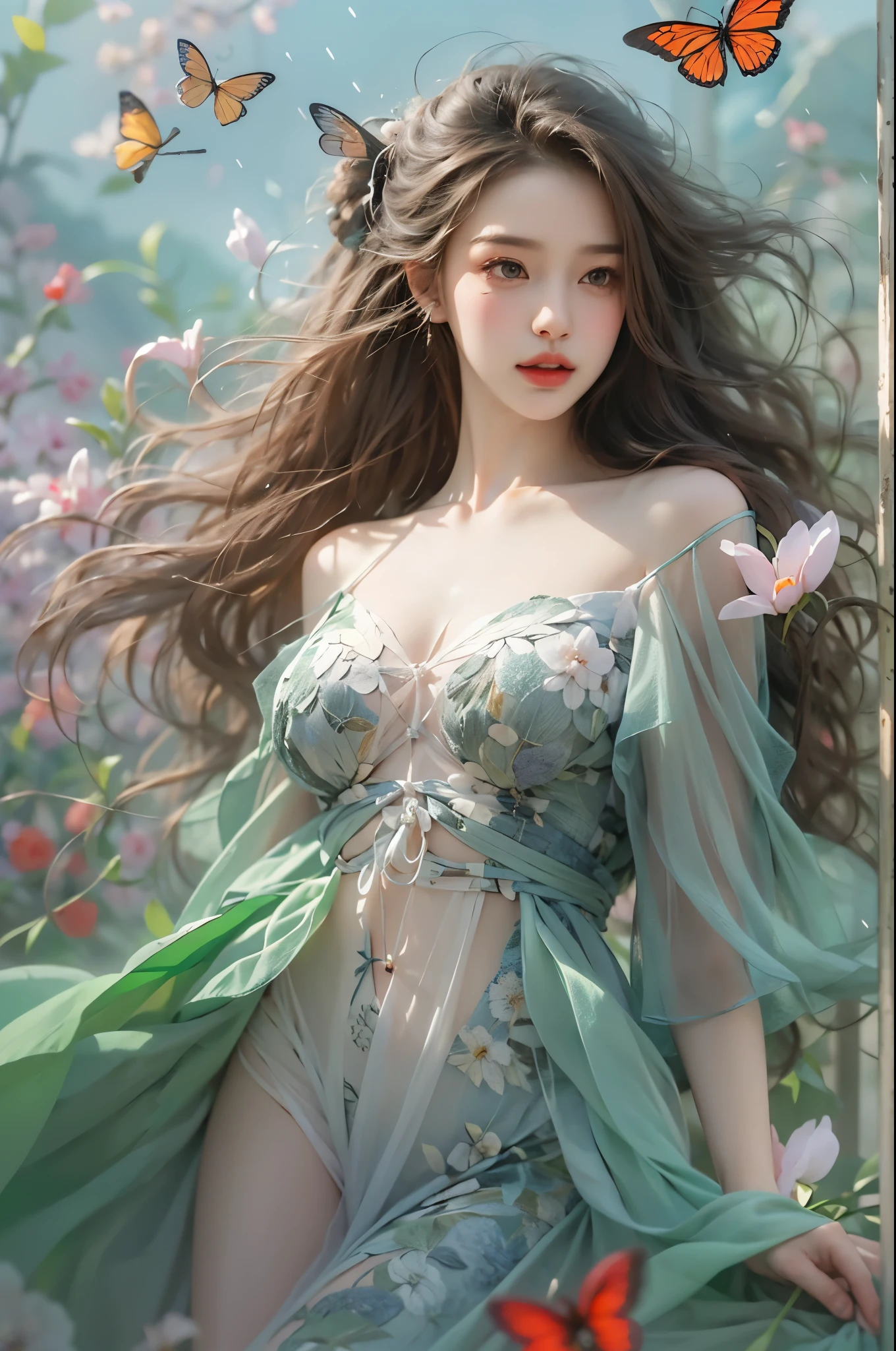 bare shoulders, dress, ((knee shot)), fashi-girl, red lips, mature female, makeup, photorealestic、real photograph、((realisticlying:1.5))、周围头发有白butterflys兰,Lilac dendrobium、white lilies、1 girl in、Brown hair、floated hair、Hazy beauty、A plump chest, Nice, cleavage, slender leg, Seductive legs, posing elegantly, Have extremely beautiful facial features、Hairpin on the head、perfect hand、(springtime、raining day、butterflys、precipice)、 vectorial art、Chinese contemporary art、Soft lighting、looking-down