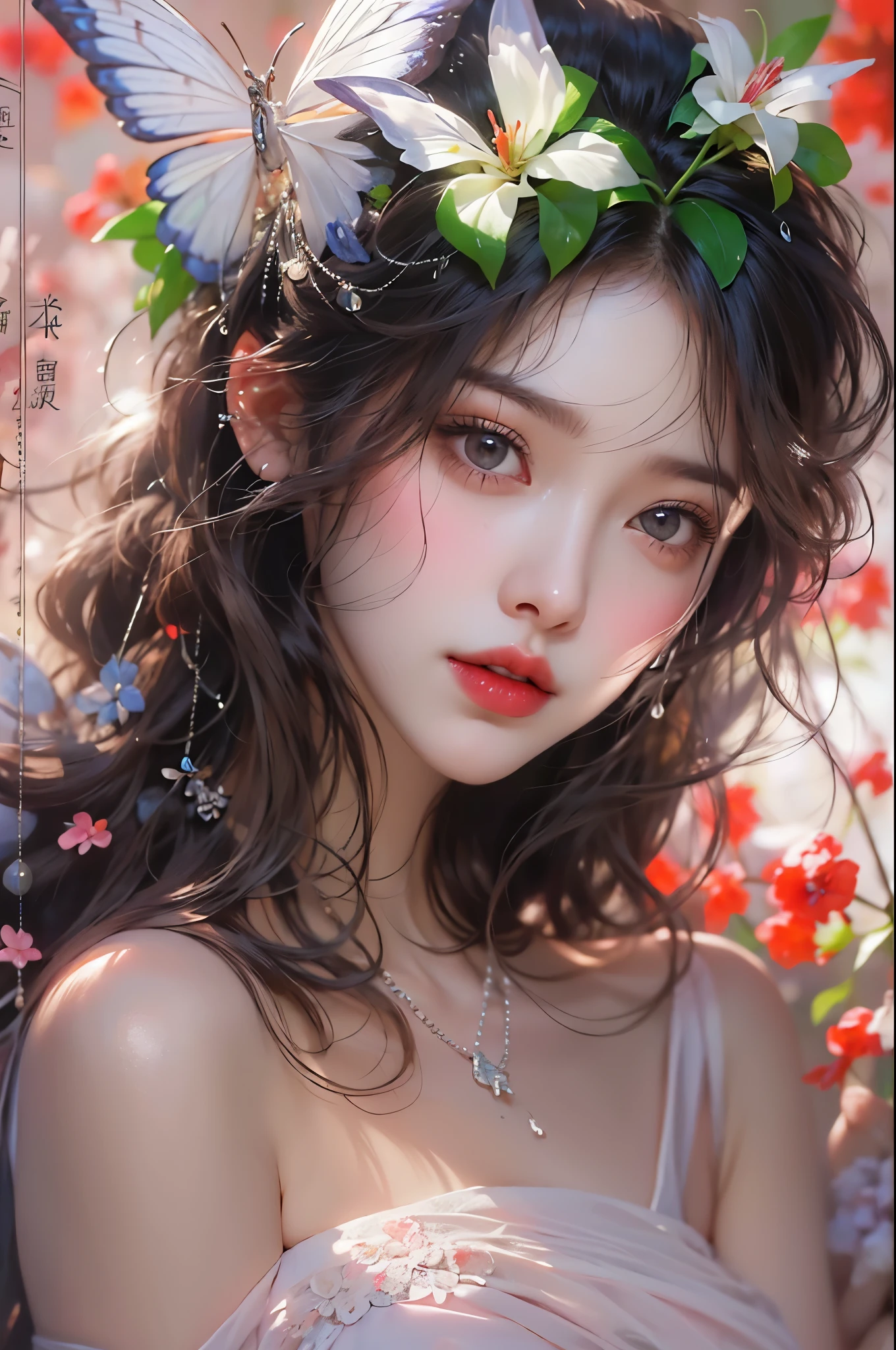 print dress, off shoulder, ((knee shot)), fashi-girl, red lips, mature female, makeup, photorealestic、real photograph、((realisticlying:1.5))、周围头发有白butterflys兰，Lilac dendrobium、white lilies、1 girl in、Brown hair、floated hair、Hazy beauty、A plump chest, Nice, cleavage, slender leg, Seductive legs, posing elegantly, Have extremely beautiful facial features、Hairpin on the head、perfect hand、(springtime、raining day、butterflys、precipice)、 vectorial art、Chinese contemporary art、Soft lighting、looking-down