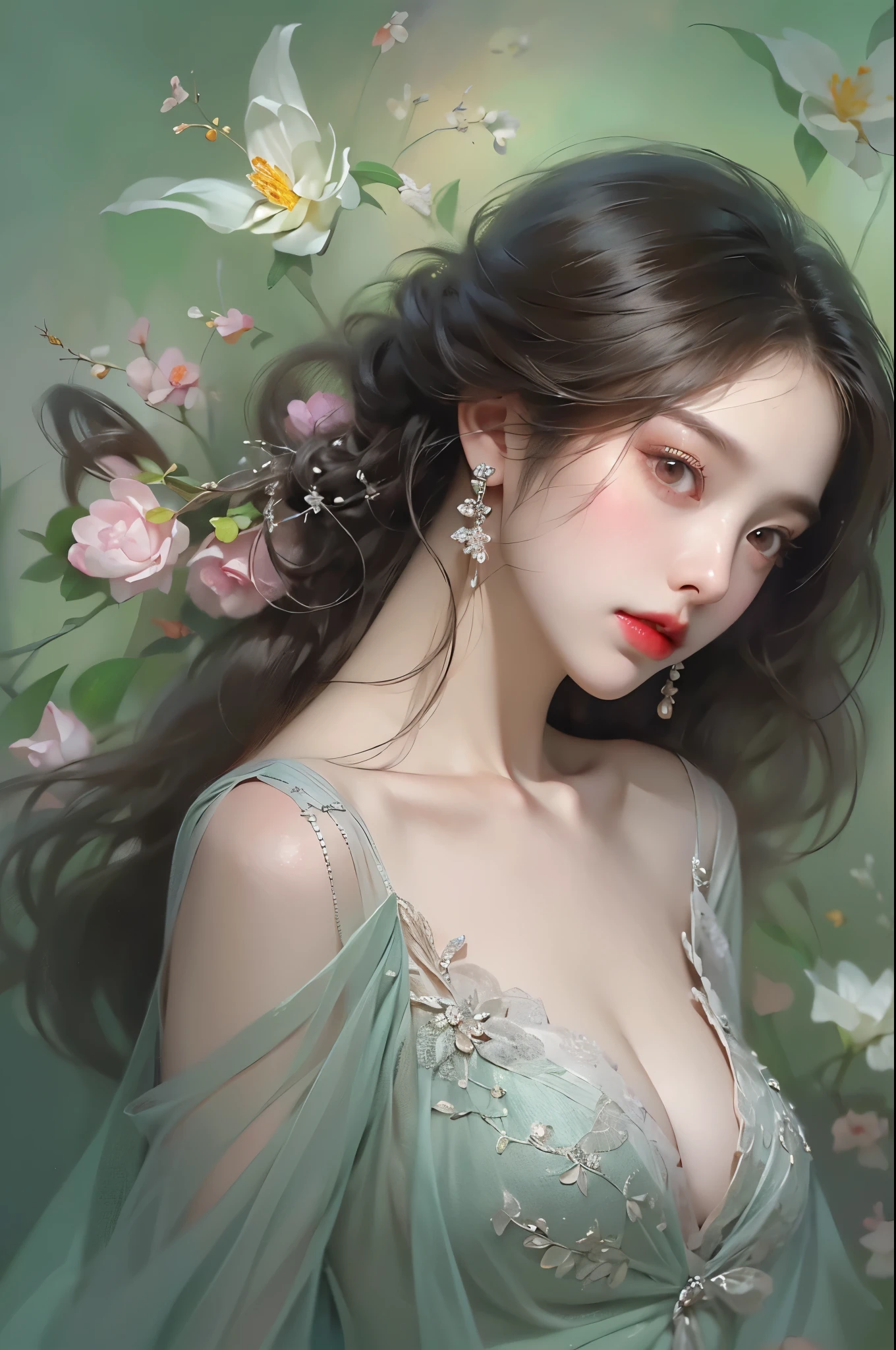 print dress, off shoulder, ((knee shot)), fashi-girl, red lips, mature female, makeup, photorealestic、real photograph、((realisticlying:1.5))、周围头发有白butterflys兰，Lilac dendrobium、white lilies、1 girl in、Brown hair、floated hair、Hazy beauty、A plump chest, Nice, cleavage, slender leg, Seductive legs, posing elegantly, Have extremely beautiful facial features、Hairpin on the head、perfect hand、(springtime、raining day、butterflys、precipice)、 vectorial art、Chinese contemporary art、Soft lighting、looking-down