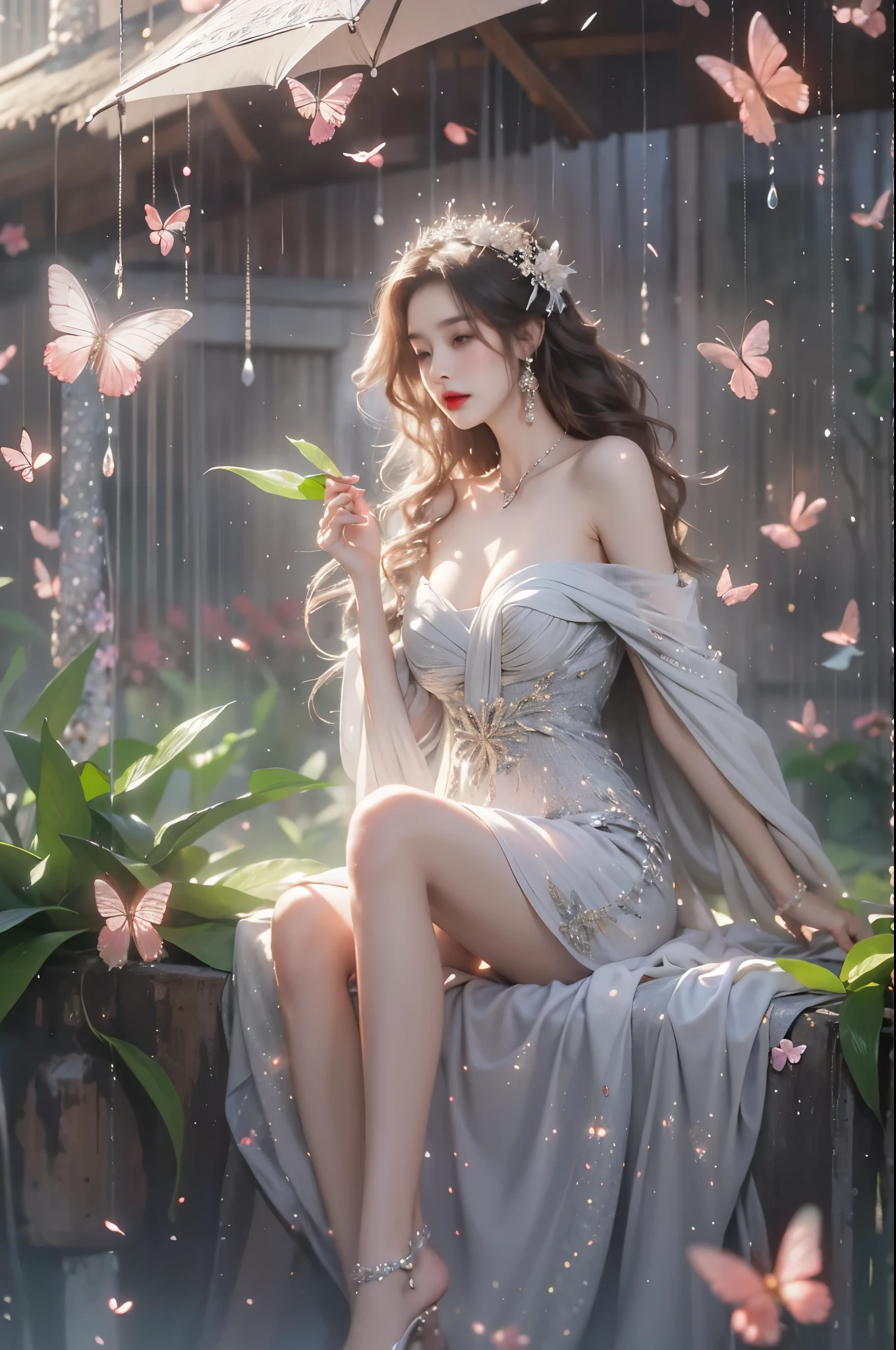 dress, ((knee shot)), fashi-girl, red lips, mature female, makeup, photorealestic、real photograph、((realisticlying:1.5))、周围头发有白butterflys兰，Lilac dendrobium、white lilies、1 girl in、Brown hair、floated hair、Hazy beauty、A plump chest, Nice, cleavage, slender leg, Seductive legs, posing elegantly, Have extremely beautiful facial features、Hairpin on the head、perfect hand、(springtime、raining day、butterflys、precipice)、 vectorial art、Chinese contemporary art、Soft lighting、looking-down