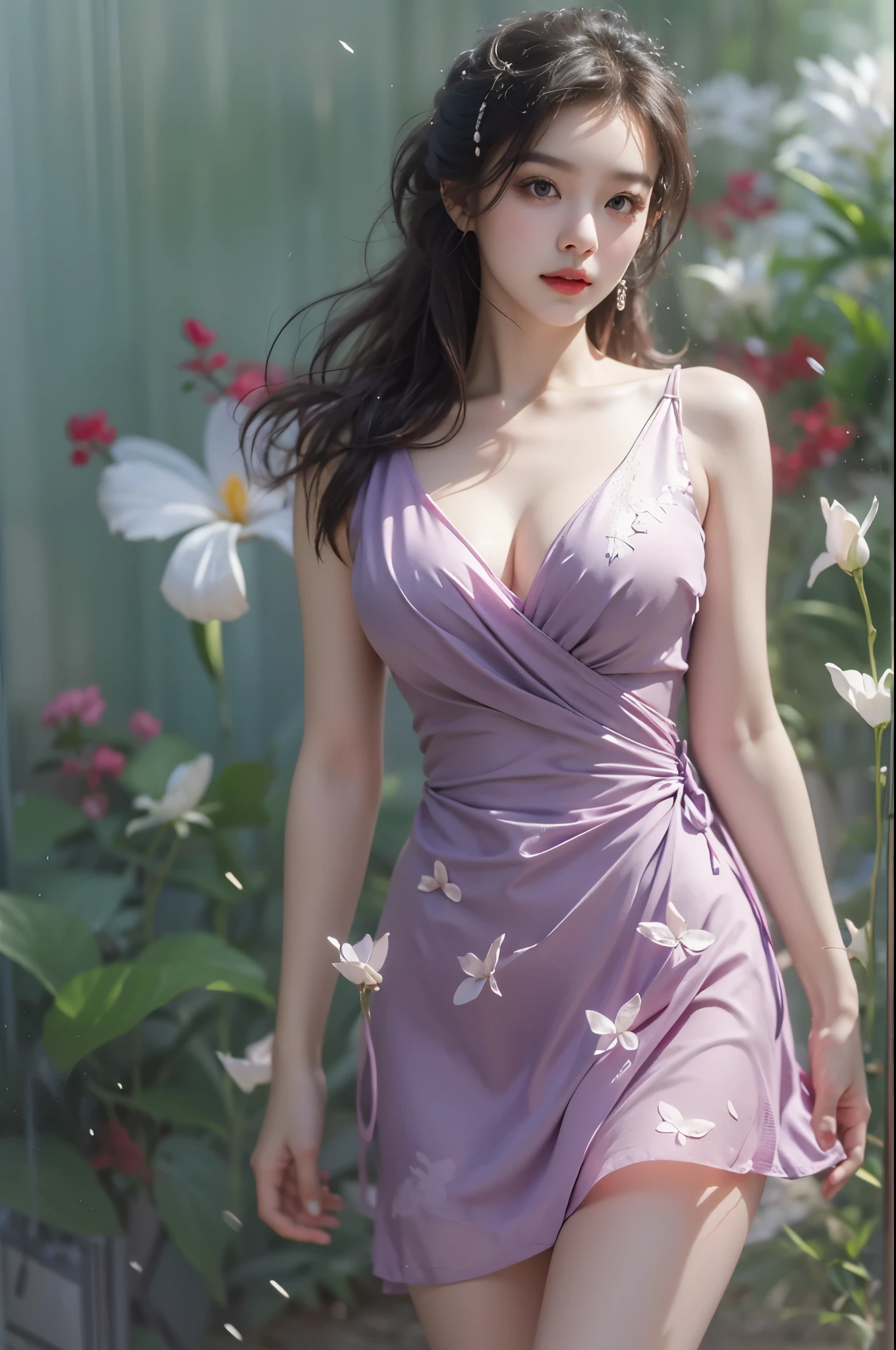 pantyhose,dress,high heels,leash, ((knee shot)), fashi-girl, red lips, mature female, makeup, photorealestic、real photograph、((realisticlying:1.5))、周围头发有白butterflys兰，Lilac dendrobium、white lilies、1 girl in、Brown hair、floated hair、Hazy beauty、A plump chest, Nice, cleavage, slender leg, Seductive legs, posing elegantly, Have extremely beautiful facial features、Hairpin on the head、perfect hand、(springtime、raining day、butterflys、precipice)、 vectorial art、Chinese contemporary art、Soft lighting、looking-down