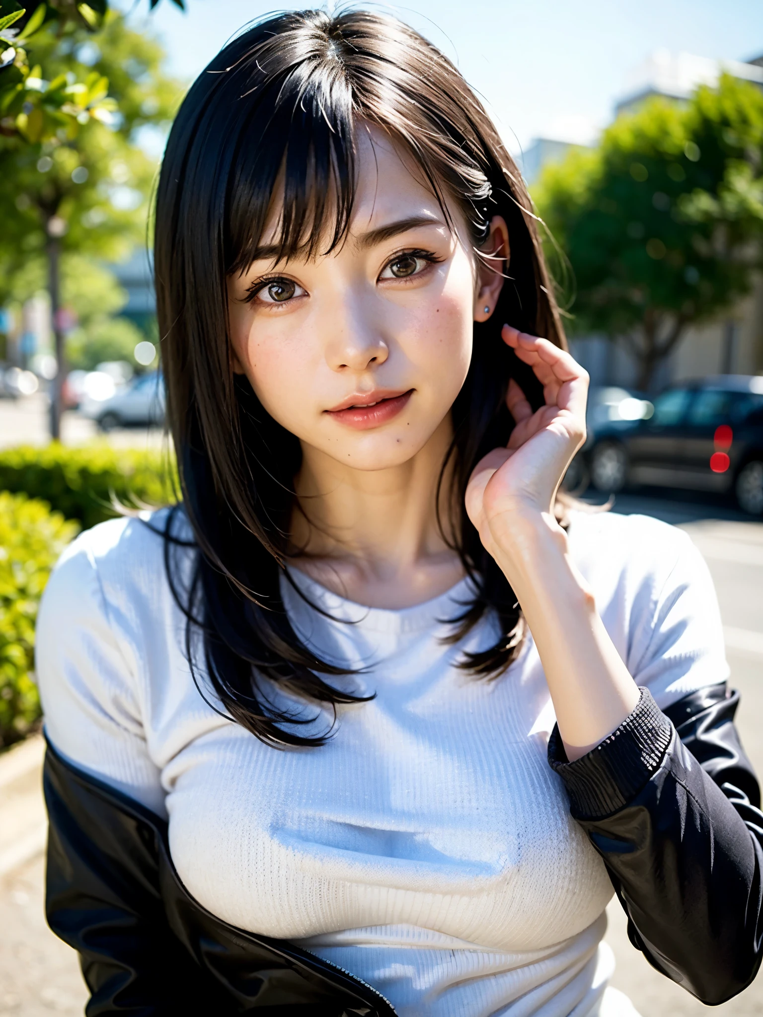 女の子1人、top-quality、realisitic、report、depth of fields、natural soft light、during daytime、魅惑的、beauitful face、Cleanliness、Pure face、de pele branca、cute hawk hair、bangss、the beach、rays of sunshine、Nedium Breast Body Esbian、((Beautiful face with sweater golden ratio Beautiful face with symmetry))、long neck、Put your ears out、bangssのあるきれいな短いボブヘア、Smile with your mouth closed:1.4、Smile with your mouth closed:1.4、perfect hand指、perfect hand、Perfect body、face perfect、Shine a light into the eyes、Perfect Anatomy:1.4、very cute super model:1.4