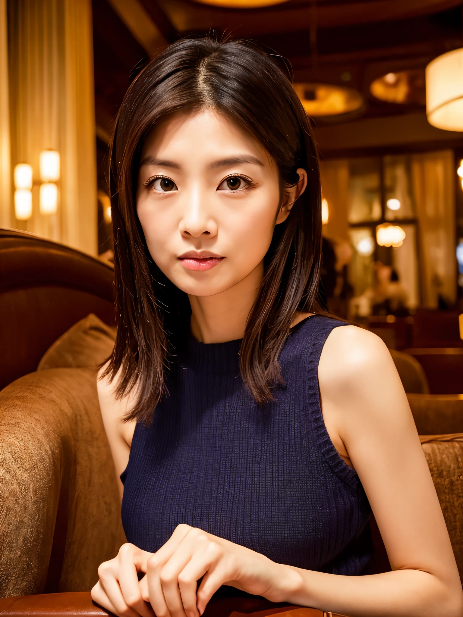 (High reality photograph, high resolusion, detailed face, detailed eyes) Skinny Japanese lady, 40 years old, cute face, various face expression, various hair style, skinny figure, very small breasts, very thin waist, in a hotel lobby, tight knit dress