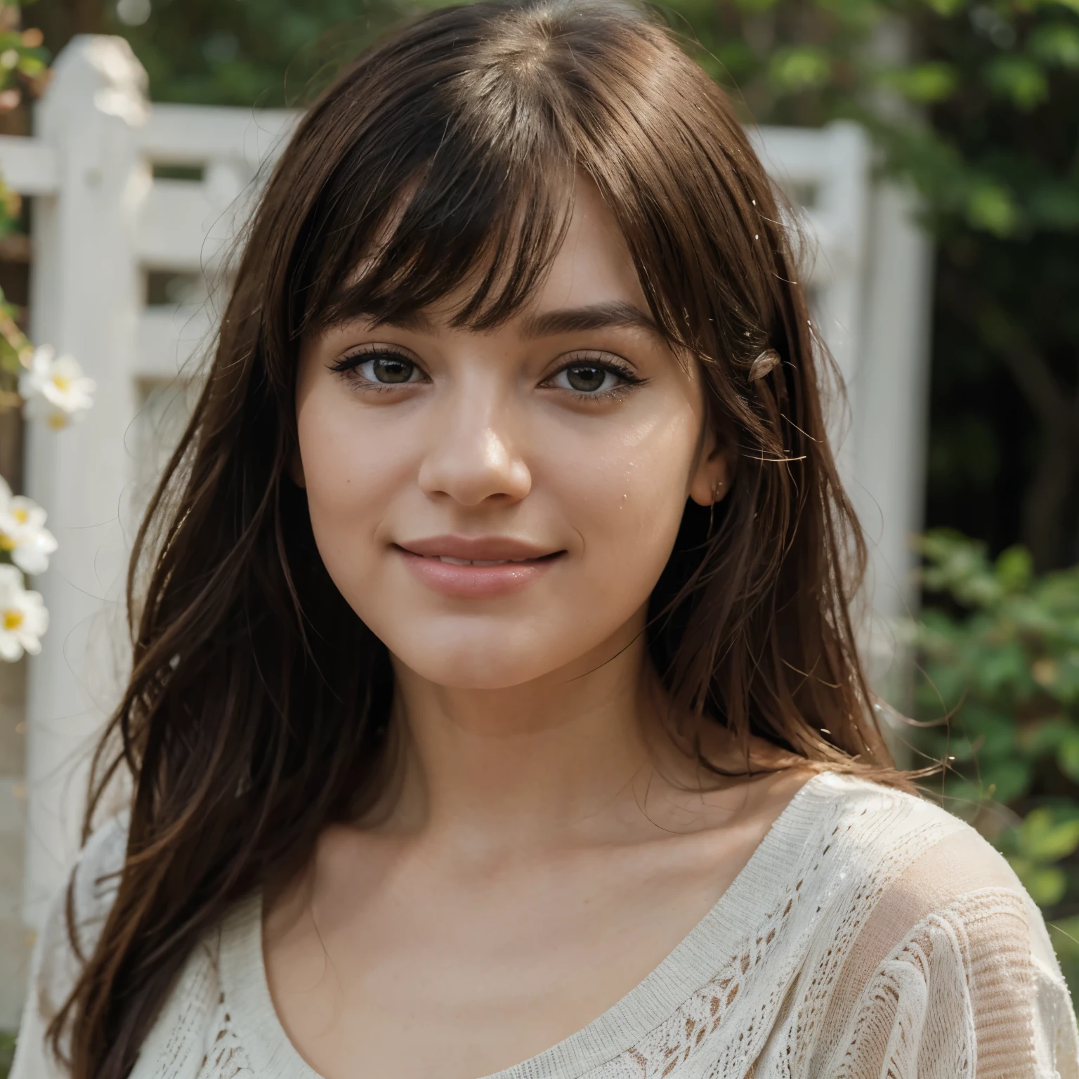 A girl with bangs,best quality,4k,8k,highres,masterpiece:1.2,ultra-detailed,realistic:1.37,beautiful detailed eyes,beautiful detailed lips,extremely detailed eyes and face,longeyelashes,portraits,Natural lighting,vivid colors,garden,girl with cute smile,casual clothing,relaxed posture,close-up view