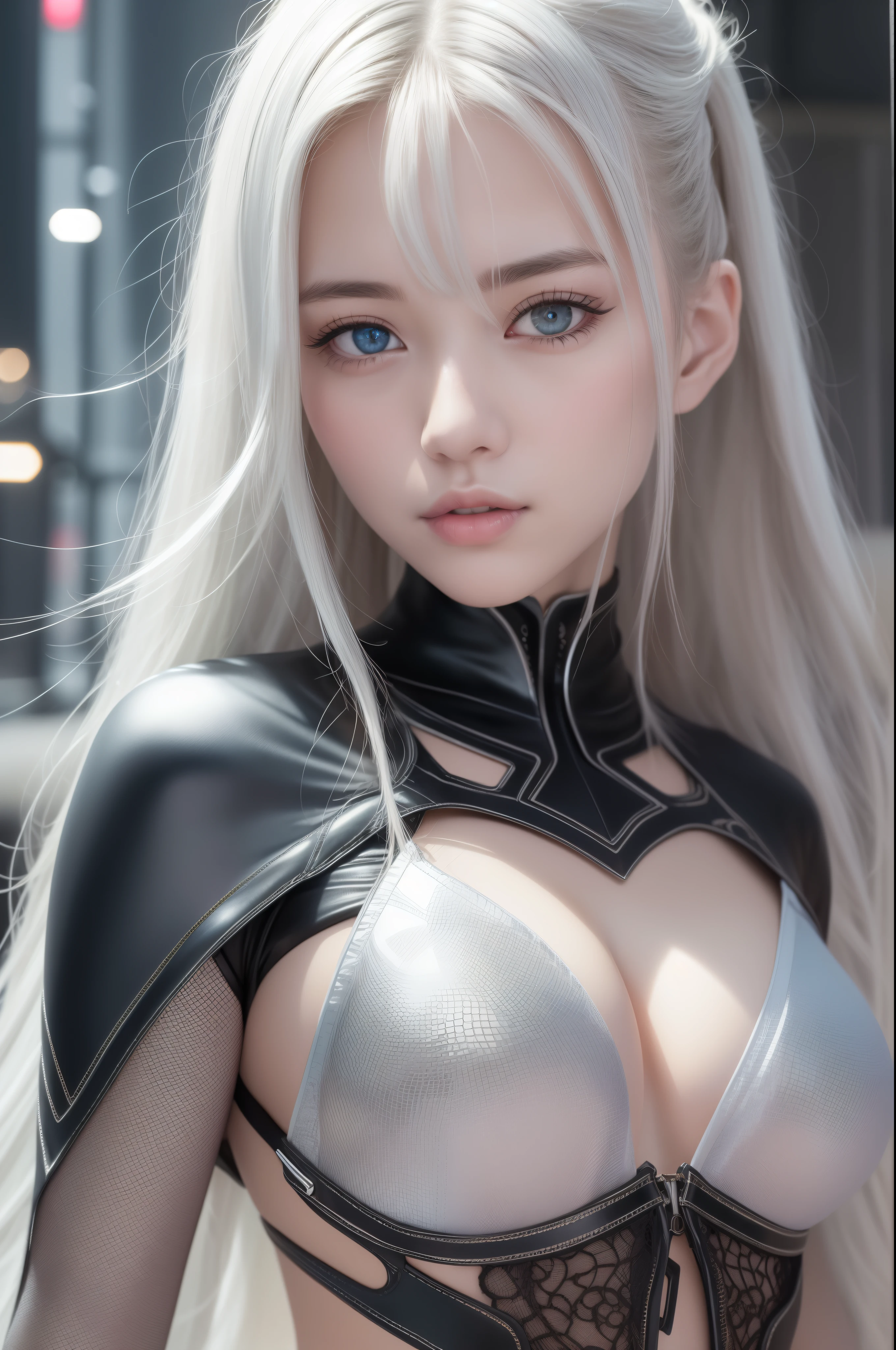 top-quality、8K Masterpiece、超A high resolution、(Photorealsitic:1.3)、Raw photo、女の子1人、silver white hair、glowy skin、1 Cyberpunk Super Beautiful Soldier、((super realistic details))、portlate、globalillumination、Shadow、octan render、8K、ultrasharp、beauty breast、Raw skin is exposed in cleavage、metals、cold color、、highly intricate detail、Realistic light、CGSoation trend beautiful eyes、Eyes shining towards the camera、neon details、