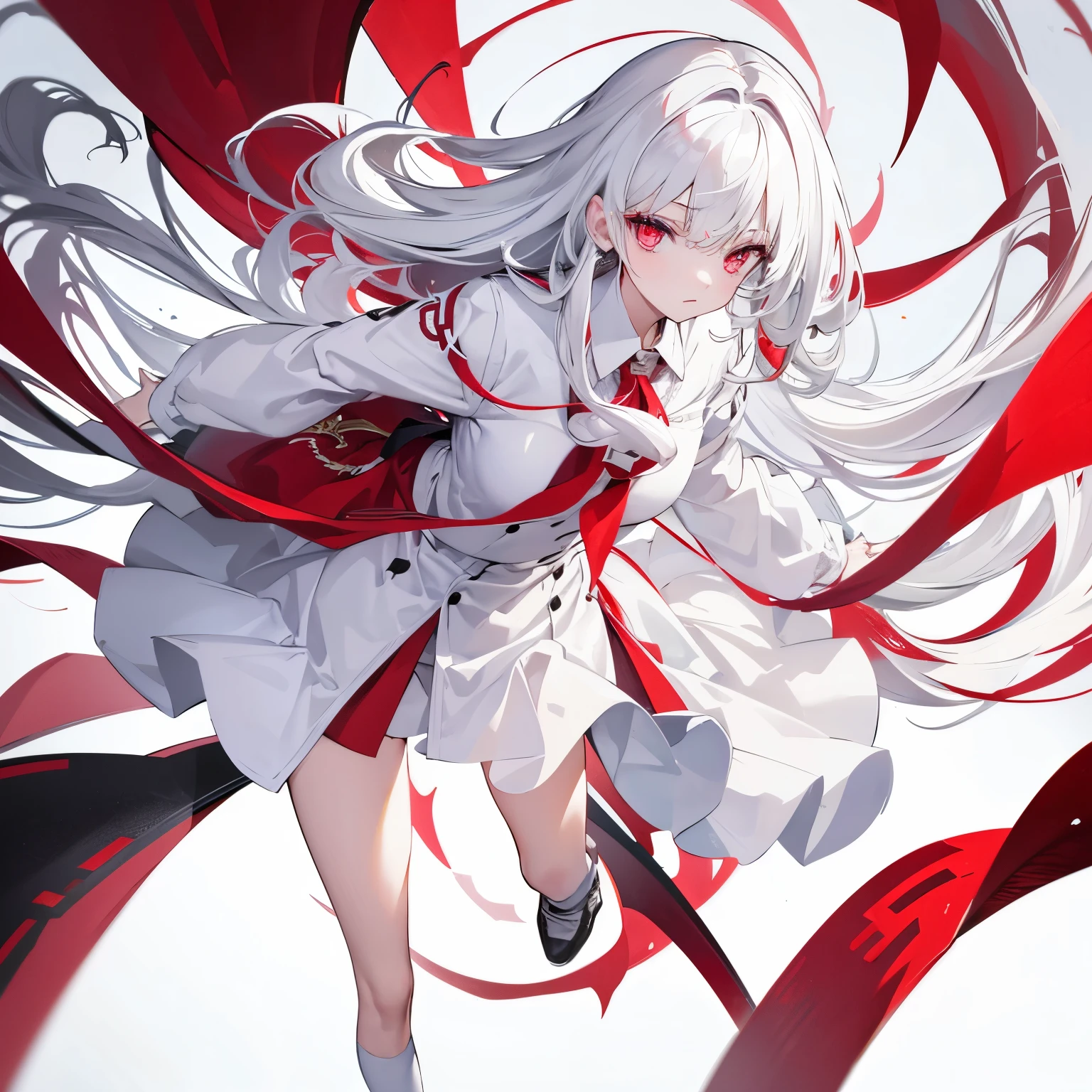 White hair, red eyes, Hip lenght hair, masterpiece, beautiful, no NSFW, 1girl, white background, school uniform, highres, sharp eyes, full body