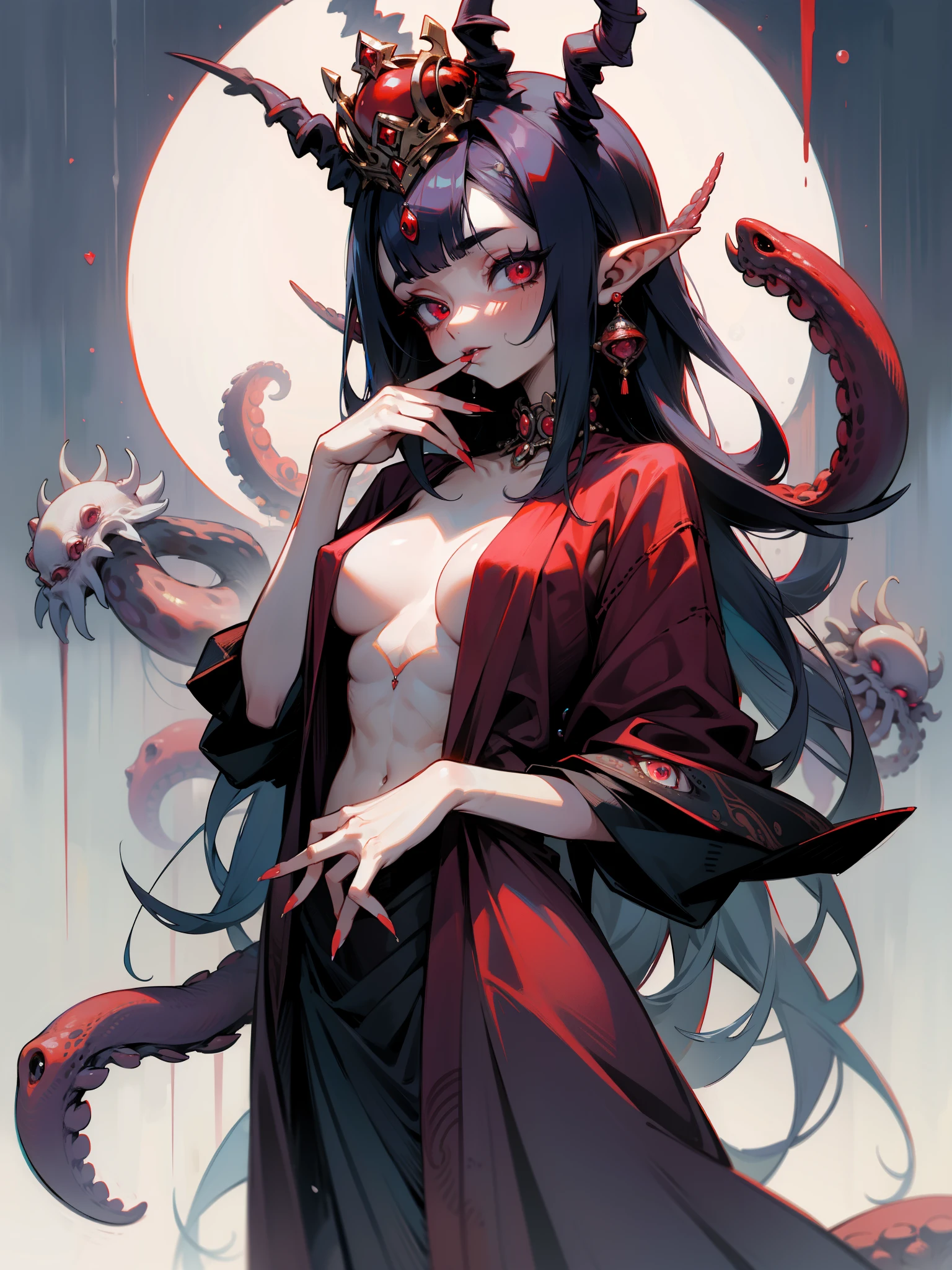 tmasterpiece,Best quality at best,ultra - detailed,1个Giant Breast Girl,Alone,diadems,耳Nipple Ring,(barechested:1.5),Pearls and jewelry,full bodyesbian,long fingernails,horror theme,dreads,the night,themoon,sexy for,Chopping,in woods,red eyes,tentaculata,Octopus feet,