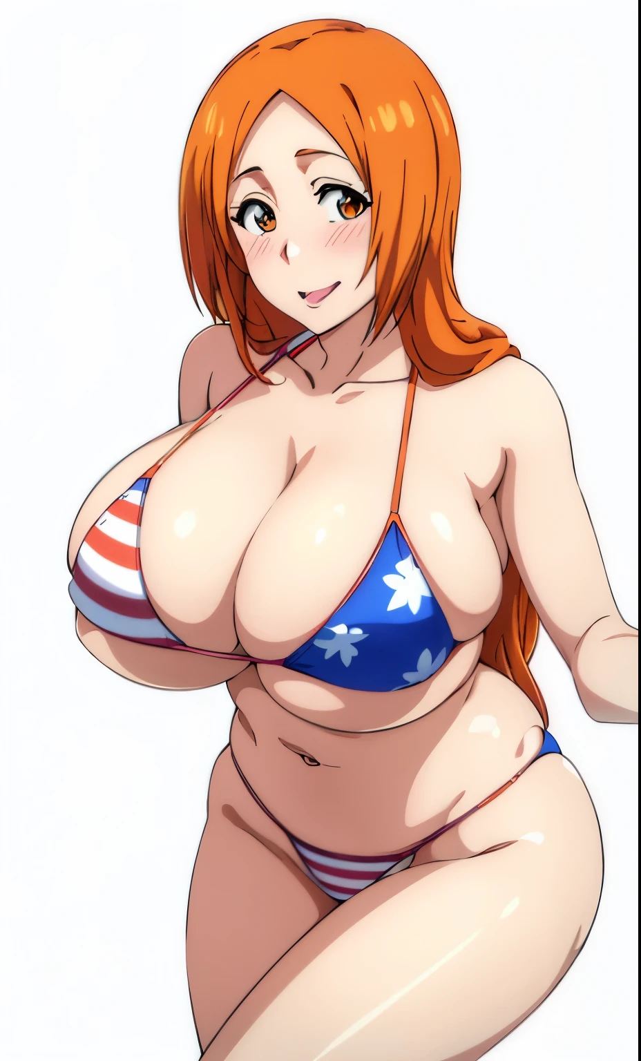 Anime style、Best Quality、high-level image quality、hight resolution、1girl in、huge tit、cute  face、with blush cheeks、The bikini、the beach、looking at viewer、Inoue Orihime、Orange hair、Orange eyes、Long、put out the tongue、Smile