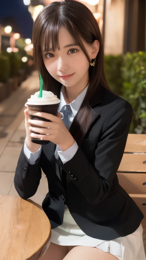 Smile、(((holding a frappuccino in one hand))), (((Cafe terrace at night in the background)))、 (((Cafe terrace at night in the background)))、 (((Cafe terrace at night in the background)))、 nighttime scene、((Sitting at the table))、Raw photography、(((Ultimate Beauty Portrait)))、((glistning skin))、女の子1人、Japanese 25 year old beautiful girl、bright expression、((brown haired))、(((Office Suit Jacket))), white  shirt、  (lard skirt:1.5)、((Big eyes that shine like jewels))、open cardigan、Glossy glossy skin、(Medium Hair)、(Silky Ponytail Hair)、(is standing)、eye liner、Beautiful bangs、Hair between the eyes、((​masterpiece、最hightquality、ultra-detailliert、Film Light、intricate-detail、hight resolution、ighly detailed))、细致背景、8KUHD、Digital SLR、Soft light、hightquality、Film grain、FujifilmXT3 、Shallow depth of field、natural soft light、Kamimei、Lush bust