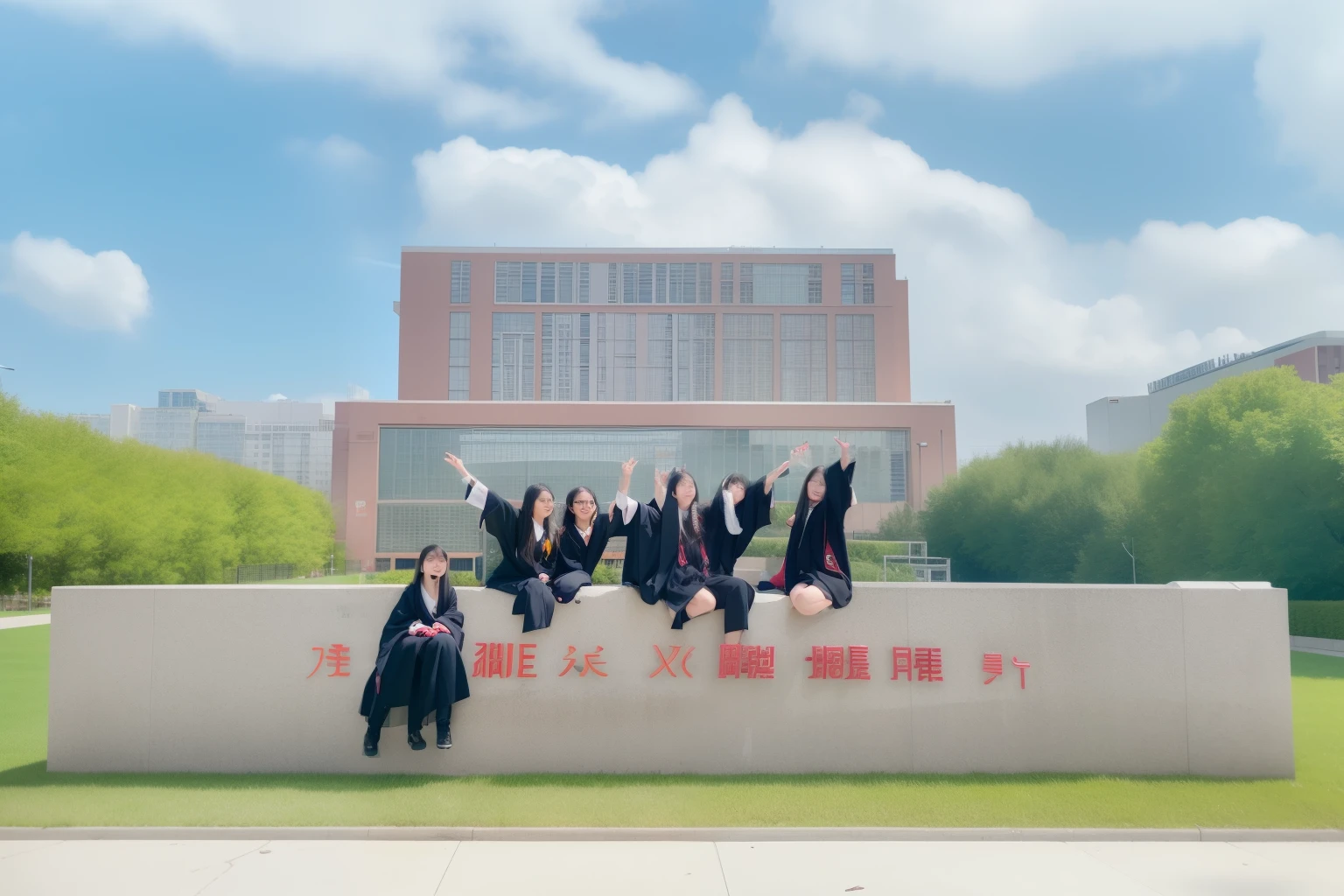 there are many people posing for a picture in front of a building, graduation photo, college, wu liu, photo, li zixin, Shot with Canon 80D, wearing an academic gown, post graduate, high res photograph, mingchen shen, group picture, college, by Wen Zhenheng, gettyimages, middle school, marketing photo