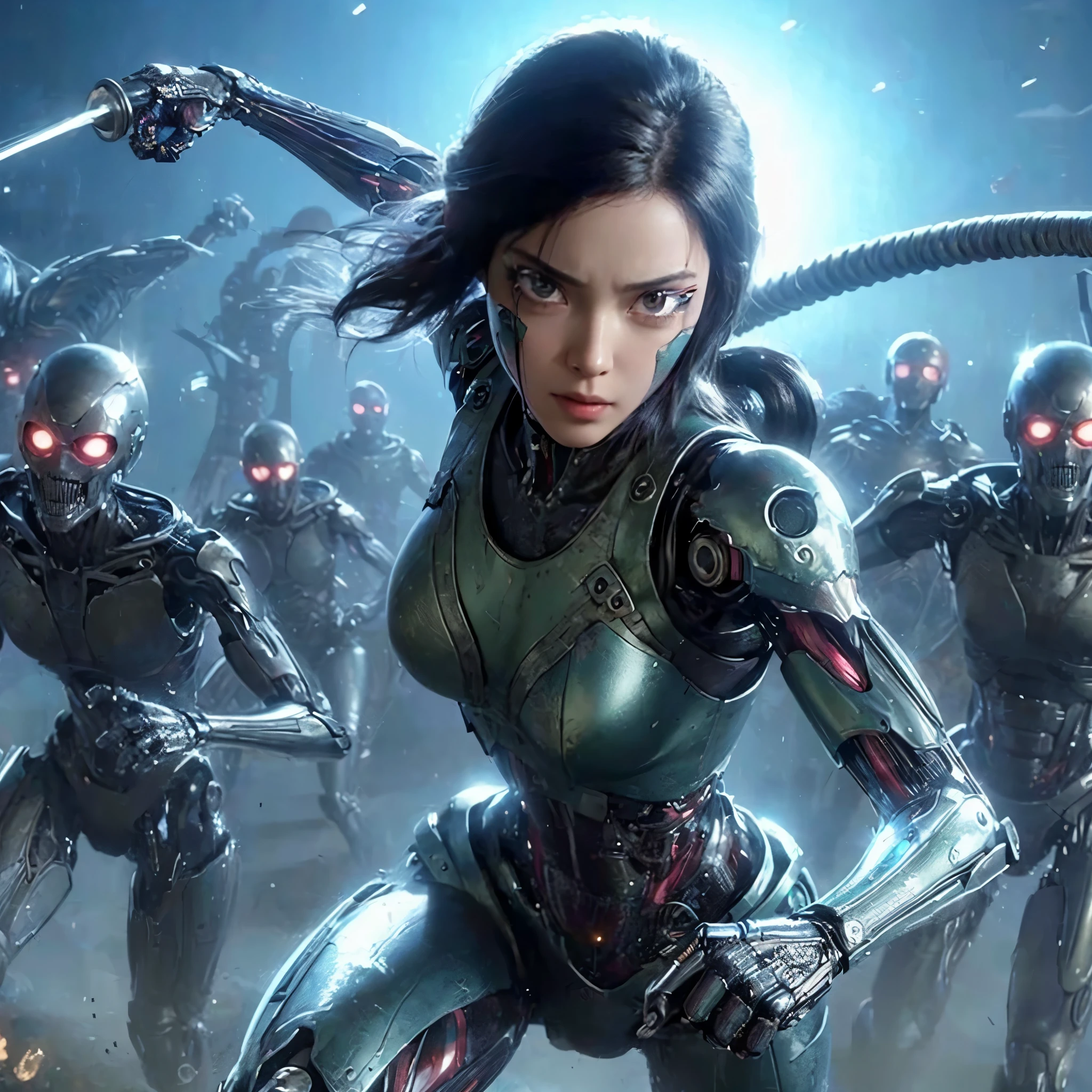 alita battle angel fighting robots, masterpiece, best quality:1.2),,(8k,highres,RAW photo,realistic,photo-realistic:1.3),(detailed skin texture,detailed cloth texture,beautiful detailed face:1.25),professional lighting,photon mapping,beautiful soft light,radiosity,physically-based rendering,raytracing, model shoot style, model shoot style, (extremely detailed CG unity 8k wallpaper), full shot body photo of the most beautiful artwork in the world,,