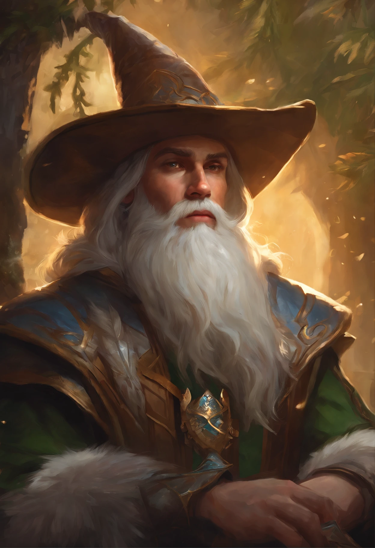 Close-up of a man with a beard and wearing a New Year's hat, painted portrait of rugged odin, a middle aged elf, dwarf with white hair, male god svarog portrait, Hearthstone Card Art, Artgerm and Craig Mullins, portrait of an elf мужского пола, rpg portrait concept art, portrait of an elf, wojtek fus