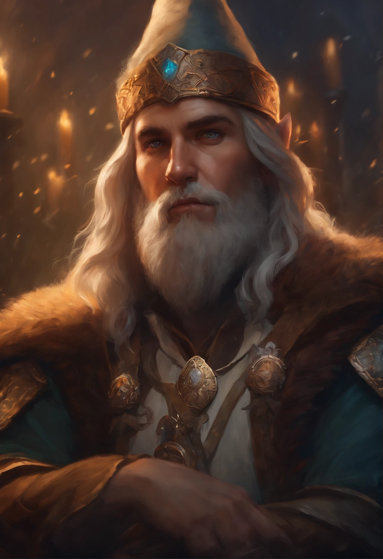 Close-up of a man with a beard and wearing a New Year's hat, painted portrait of rugged odin, a middle aged elf, dwarf with white hair, male god svarog portrait, Hearthstone Card Art, Artgerm and Craig Mullins, portrait of an elf мужского пола, rpg portrait concept art, portrait of an elf, wojtek fus