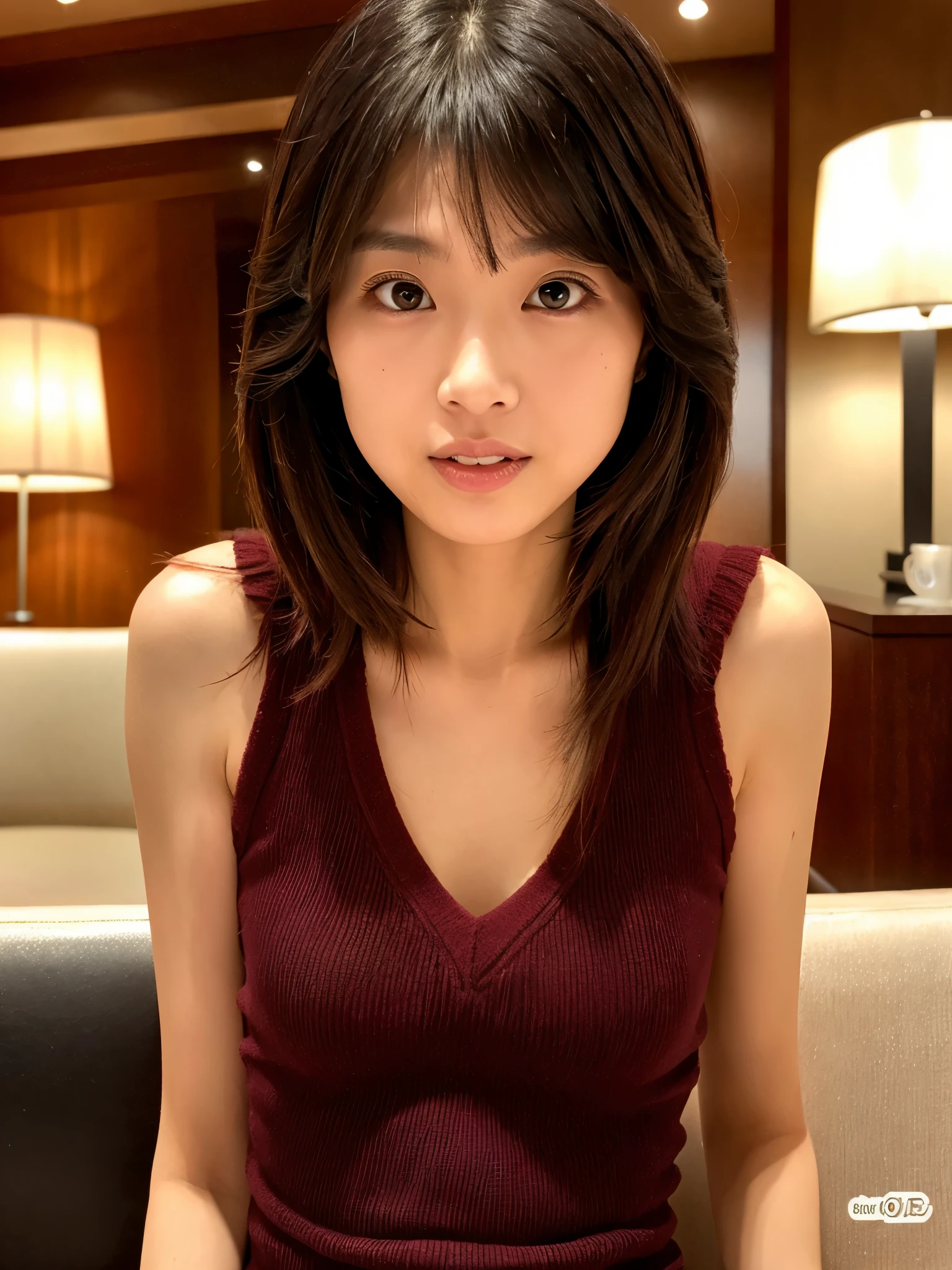 (High reality photograph, high resolusion, detailed face, detailed eyes) Skinny Japanese lady, 40 years old, cute face, various face expression, various hair style, skinny figure, very small breasts, very thin waist, in a hotel lobby, tight knit dress