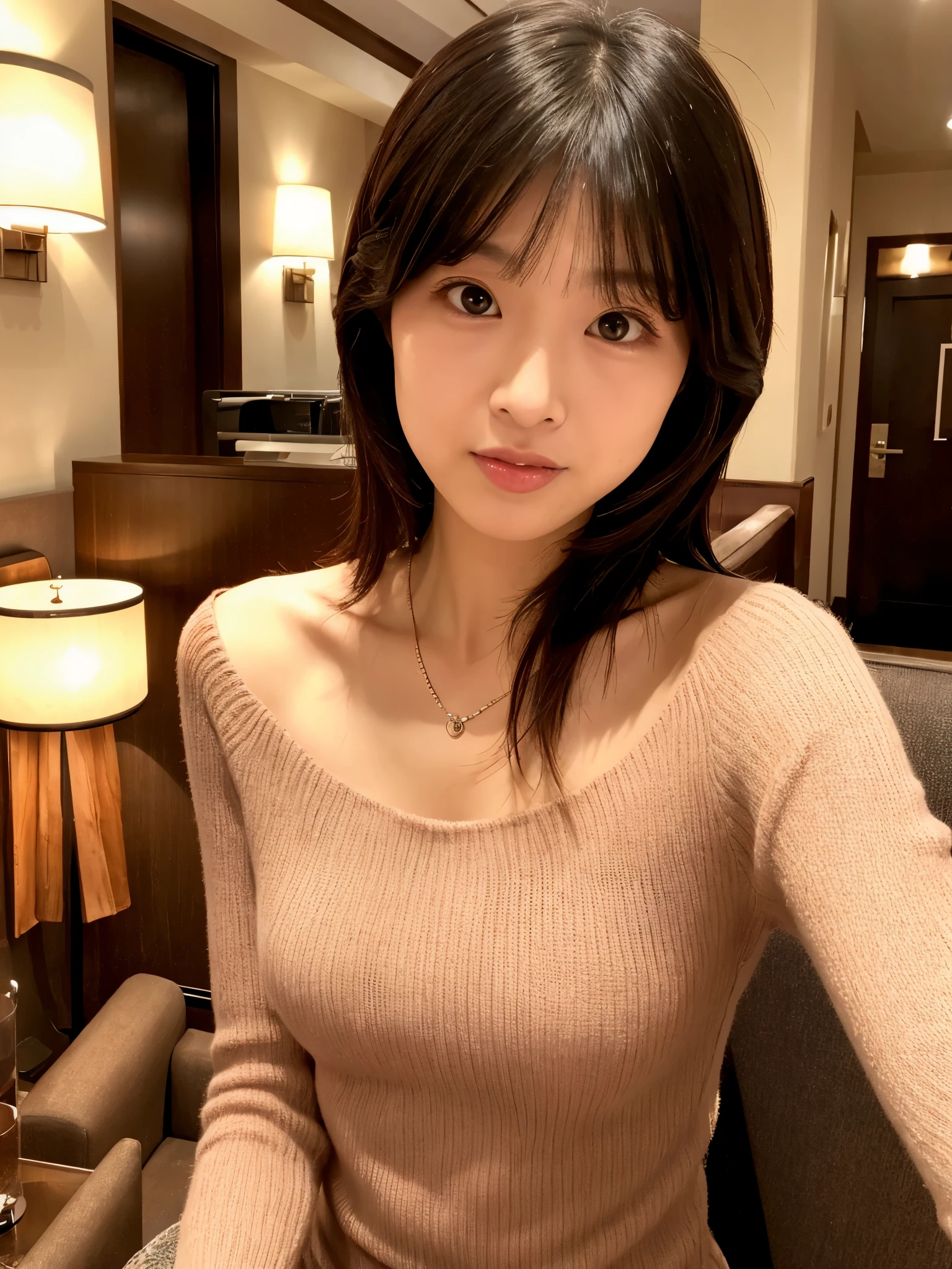 (High reality photograph, high resolusion, detailed face, detailed eyes) Skinny Japanese lady, 40 years old, cute face, various face expression, various hair style, skinny figure, very small breasts, very thin waist, in a hotel lobby, tight knit dress