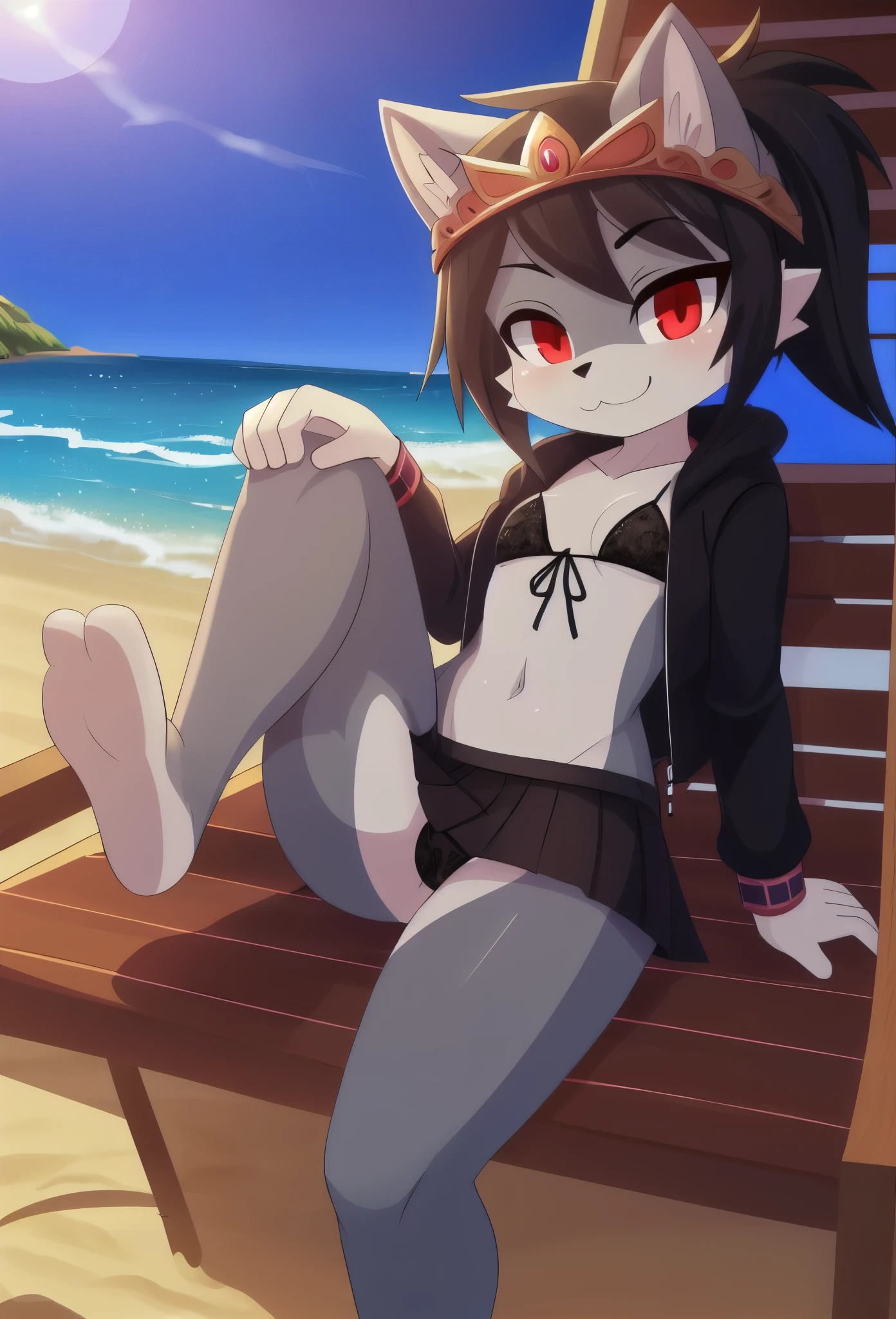 furry girl, wolf, black hair, punk hairstyle, long spiky ponytail, anime style, small breasts, red eyes, black hoodie jacket, open clothes, black bikini, black skirt, princess tiara, beach, clear Sky, high quality, detailed body, detailed eyes, detailed face, masterpiece, glistening body, shiny body, detailed body fur, best quality, two tone body, gray fur, clear gray fur, skinny, sitting, beach chair, sassy face, :3, feet with three toes,
