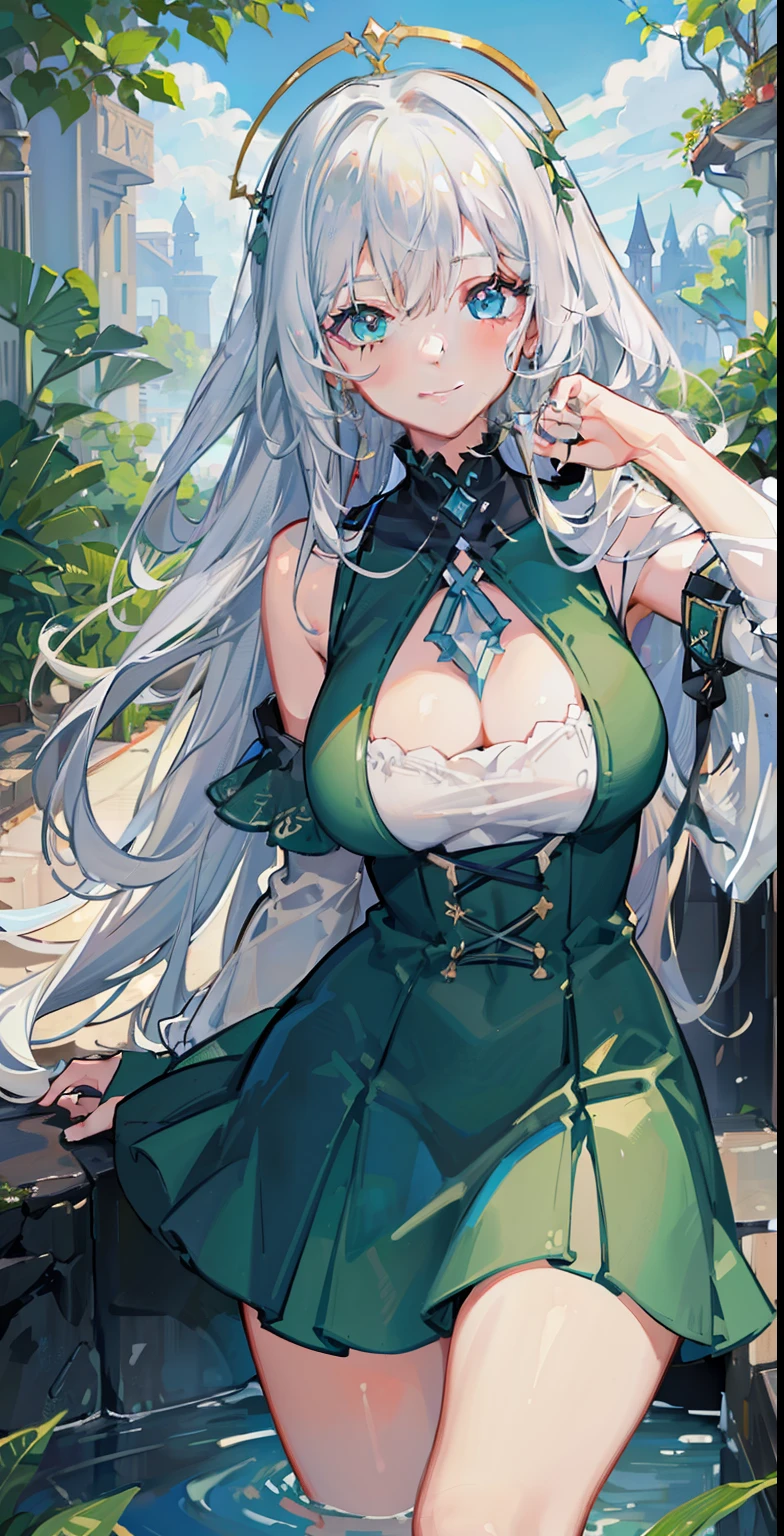 1 goddess girl, angel outfit, mouth, lips, smiling, (perfect eyes), (eye details), upper body, single focus, seductive beauty, big white hair, highlights, bangs, (highlight effects on hair ), (details in the hair), seductive expression, seductive aura, ambient lighting, thick legs, thick thighs, background scenery, background full of plants, green climate, green environment, (plants in the corners), beautiful day, (body getting wet ), intricate details, enhanced lighting