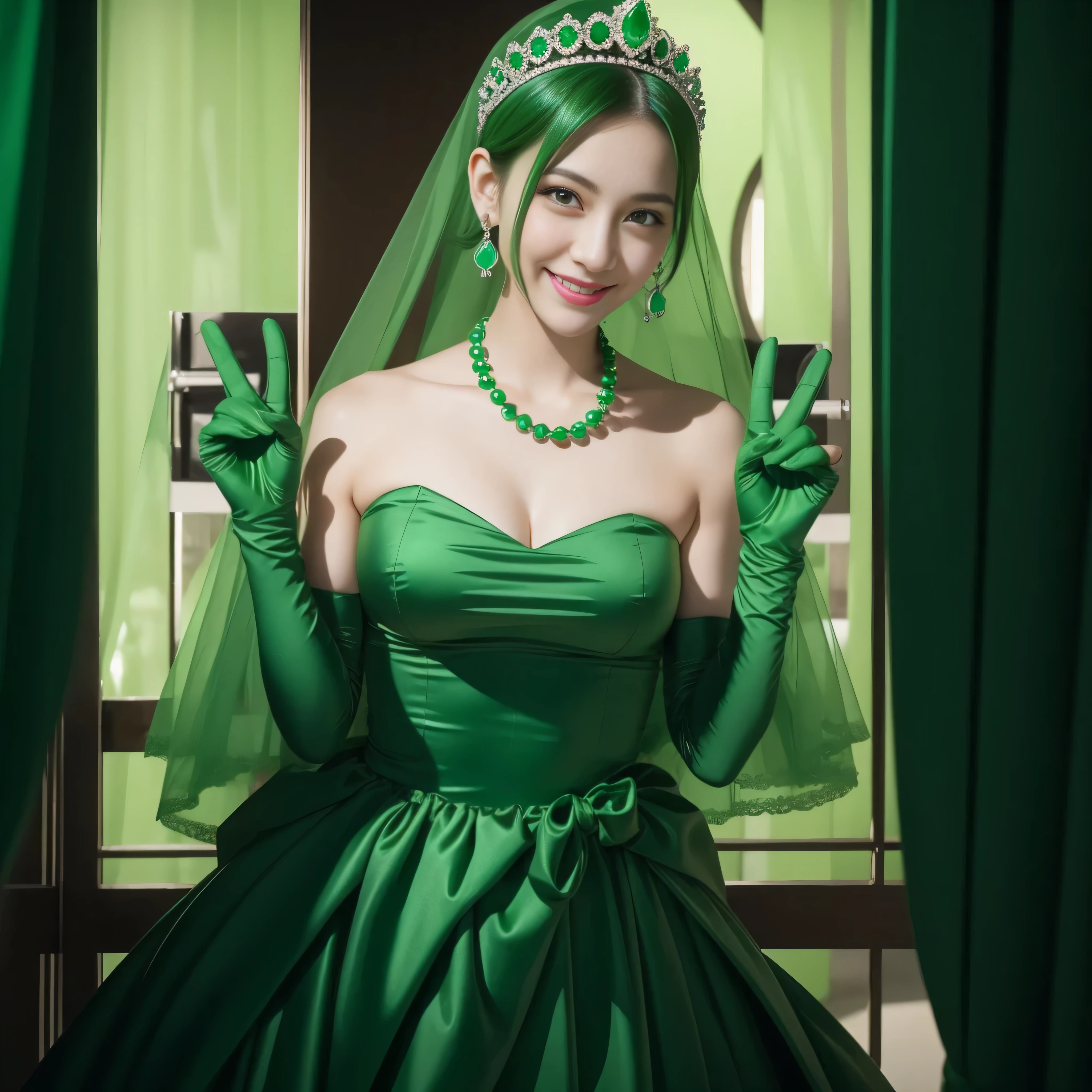 emerald tiara, Green Pearl Necklace, Boyish very short green hair, lipsticks, Japan woman smiling, very short short hair, big breasts beautiful, Green eyes, Long green gloves made of satin material, Green eyes, Emerald Earrings, green vale, v sign