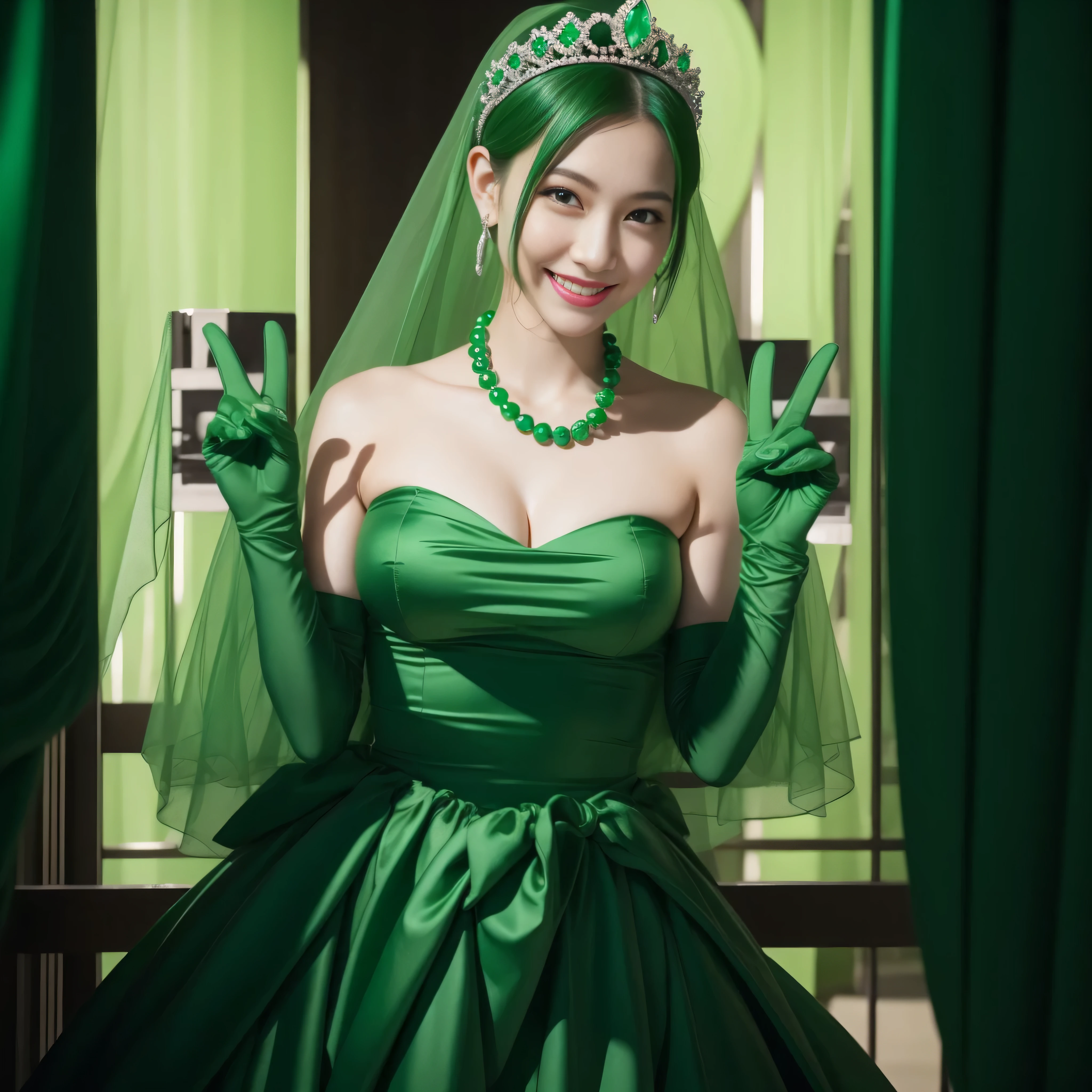 emerald tiara, Green Pearl Necklace, Boyish very short green hair, lipsticks, Japan woman smiling, very short short hair, big breasts beautiful, Green eyes, Long green gloves made of satin material, Green eyes, Emerald Earrings, green vale, v sign