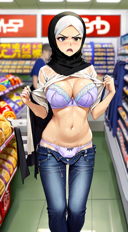 Photo of a milf asian female cashier with saggy breasts, (((undressing))) inside a crowded (convenient store), 40yo, busty body, tall body, tanned skin, dimples, light, detailed face, embarrassed face, ((looking disgusted)), ((very angry)), (dissapointed), Perfect breasts, big breasts, natural breasts, big nipples, G cup, (((hijab))), (((polo))), (((cotton bra))), (((cotton panties))), (((jeans_pull))) (sweat:1), (wet)