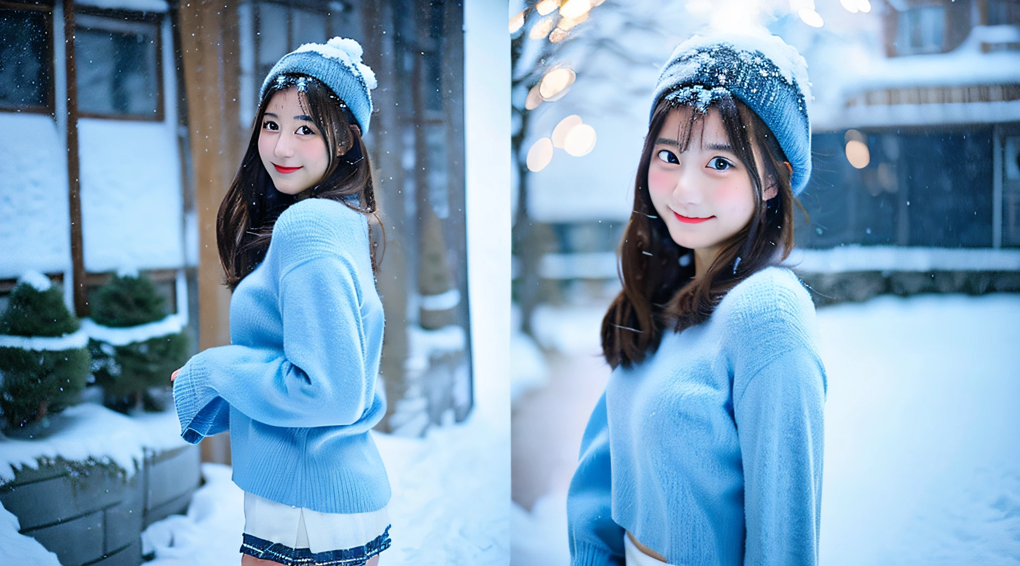 Cute College Girl, 18 years old, Wearing a light blue miniskirt、The background is snow outdoors