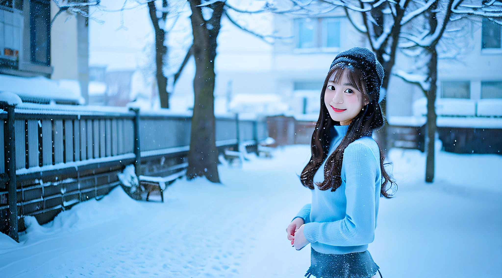 Cute College Girl, 18 years old, Wearing a light blue miniskirt、The background is snow outdoors