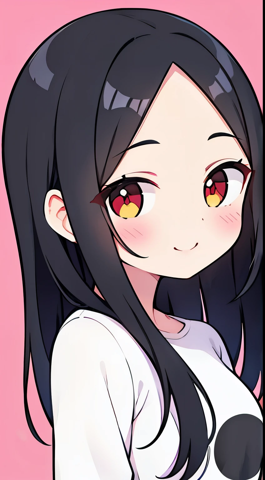 One girl with black hair, hair length until bust, straight hair, hair parted in center of head, round face. hairstyle with a center part, that the hair should be parted down the middle, creating a symmetrical look without any frontal hair covering the forehead. Looking straight. Looking straight at viewers. Smiling. Happy. Wearing casual shirt. Straight pose. Frontal view
