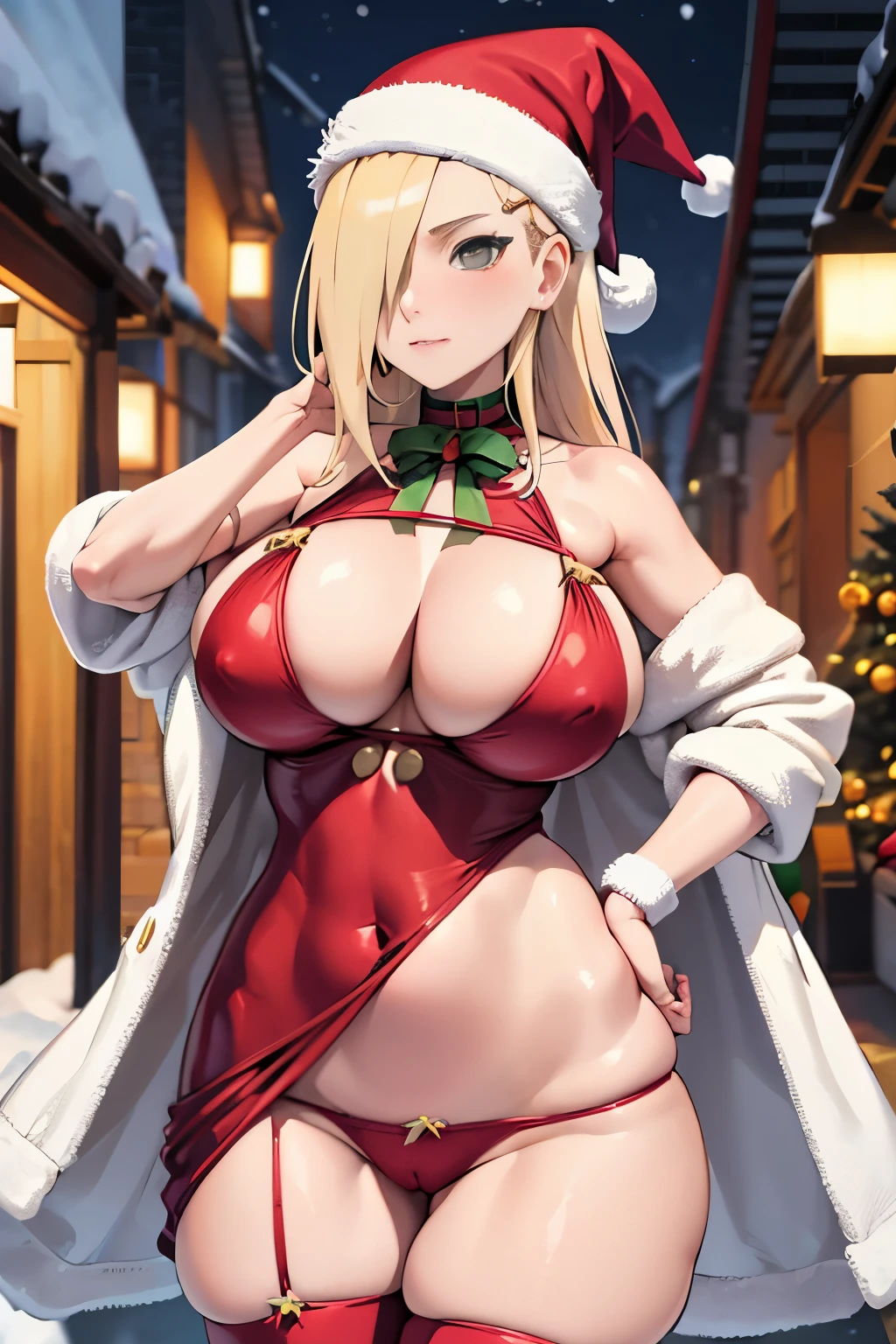 Yamanaka uno, cuerpo completo , grandes tetas, gran trasero, voluptuoso, piernas abiertas , pose sexy , escote , Christmas hat , Christmas Clothes, nieve , christmas lingerie, christmas coat , christmas stockings , christmas heels