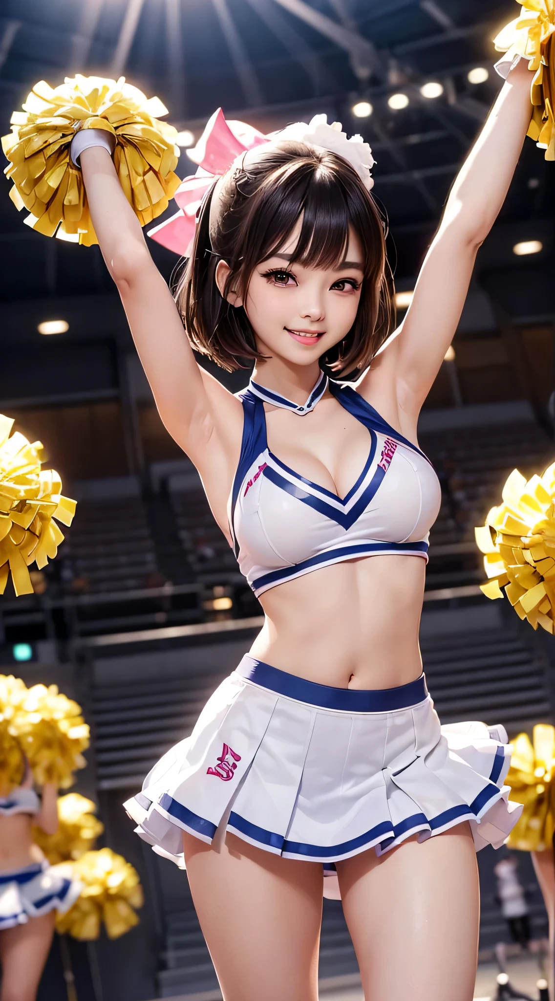 (RAW shooting:1.2)、(Photorealsitic:1.4)、(​masterpiece:1.3)、(top-quality:1.4)、japanese beautiful woman、7headed body、beautiful eyes finely detailed、Eye lashes、beautiful double eyelid、eyeshadows、Perfect eye makeup、独奏、cute little、(kawaii:1.2)、(Smile full of happiness:1.4)、kindly smile、Expression in a state of excitement、(a short bob:1.2)、fluffy hair、(Angle from below:1.3)、(FULL BODYSHOT)、More skin、(large full breasts:1.3)、beauty breast、(cleavage of the breast)、(erectile nipple:1.2)、(cheer girl:1.5)、(a miniskirt)、Beautiful and thin legs、(Perfect body shape beauty:1.3)、shinny skin、(Lively poses like cheerleading:1.5)、(2 large bonbons:1.3)、Jumping、Make eye contact with the camera、stadio、Night、Sexy navel、Skinny Legs、tthin eyebrows、(extemely sexy:1.3)、bokeh dof、obscenity、erotick、