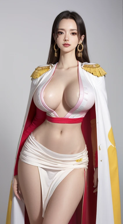 Boa Hancock from Onepiece, (realistic), ((huge breasts)),nude, pale skin, 25 years old, earrings, cleavage, yellow epaulettes, white cape, red crop top, red long sleeves, side slit, hime cut, no bangs,tsurime,cleavage,topless