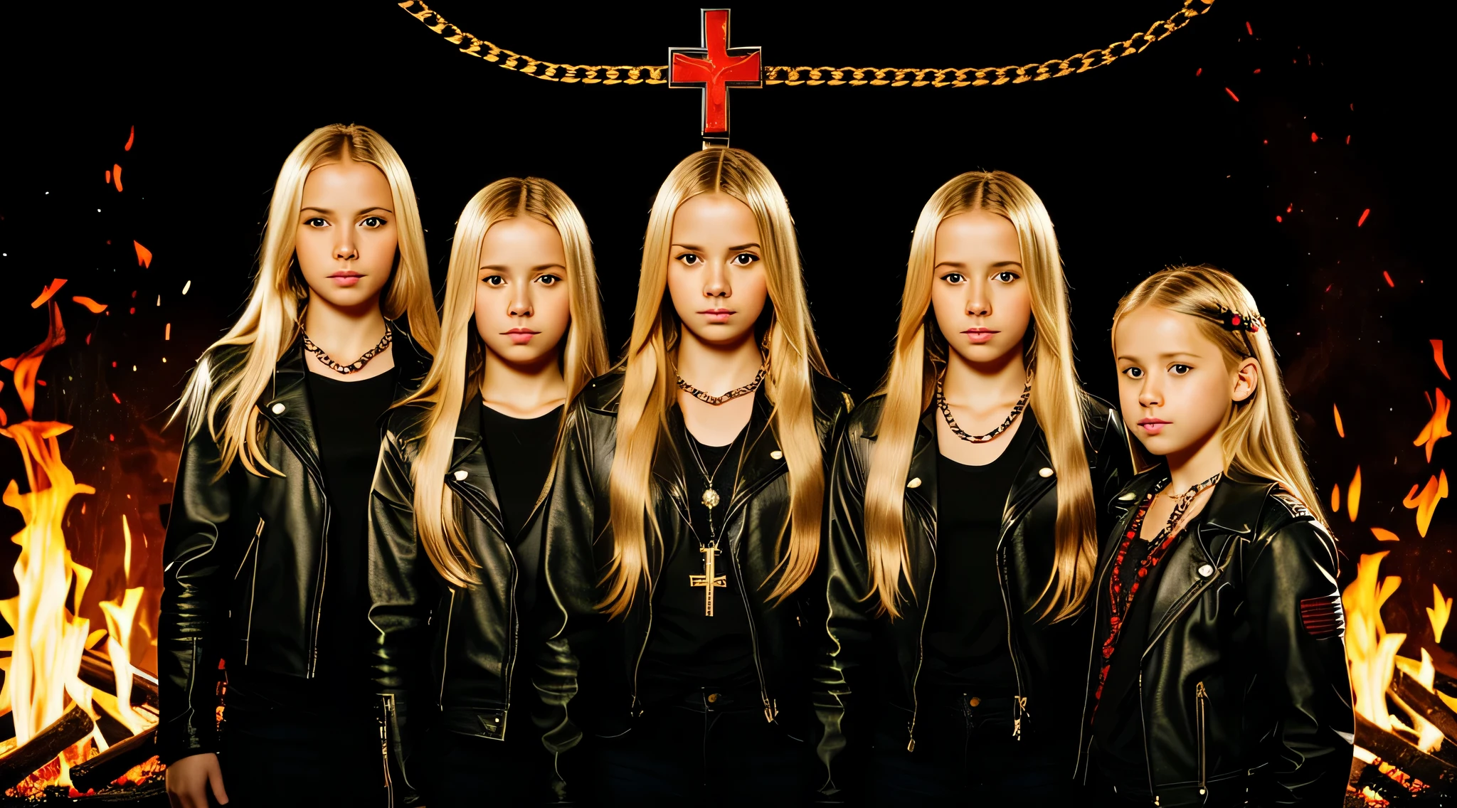 A half body, portrait of 3 girls German children long blonde hair of 12 years, red leather jackets, holding in their hands a cross, background of chains, chain, more chains, many chains, , red, red fire, many background flames.
