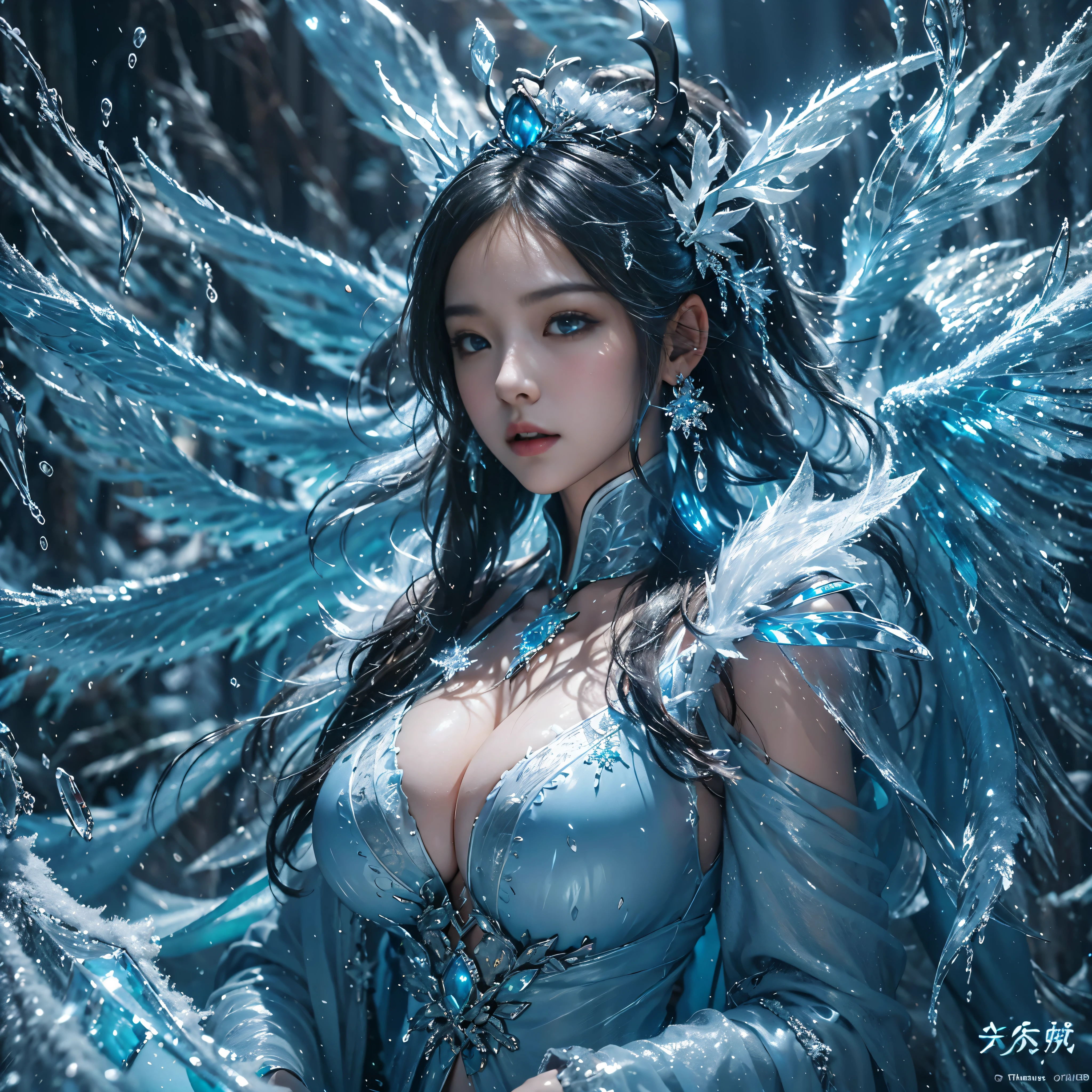 (((1 busty girl)))，（Perfect facial features），（Wear the ancient Han send），Upper part of the body，icy， Wengenhuang：1.2），Spilled liquid，Wavy liquid，airbubble，standing on water，Raging sea，blue glowing，（Frost Wings），(((Powerful magic)))，(((Icicles)))，高耸于ventania景之上，Blue light cold light，((( ventania暴)))，ventania，((snowflower))，Amazing result quality,tmasterpiece,超高分辨率,Detailed pubic hair,Complicated details,8K分辨率,8KUCG wallpaper,HighDynamicRange,water blue,Magic Array,movie light effect,lightand shade contrast，Ray traching、NVIDIA RTX, Bigchest, gigantic cleavage breasts,