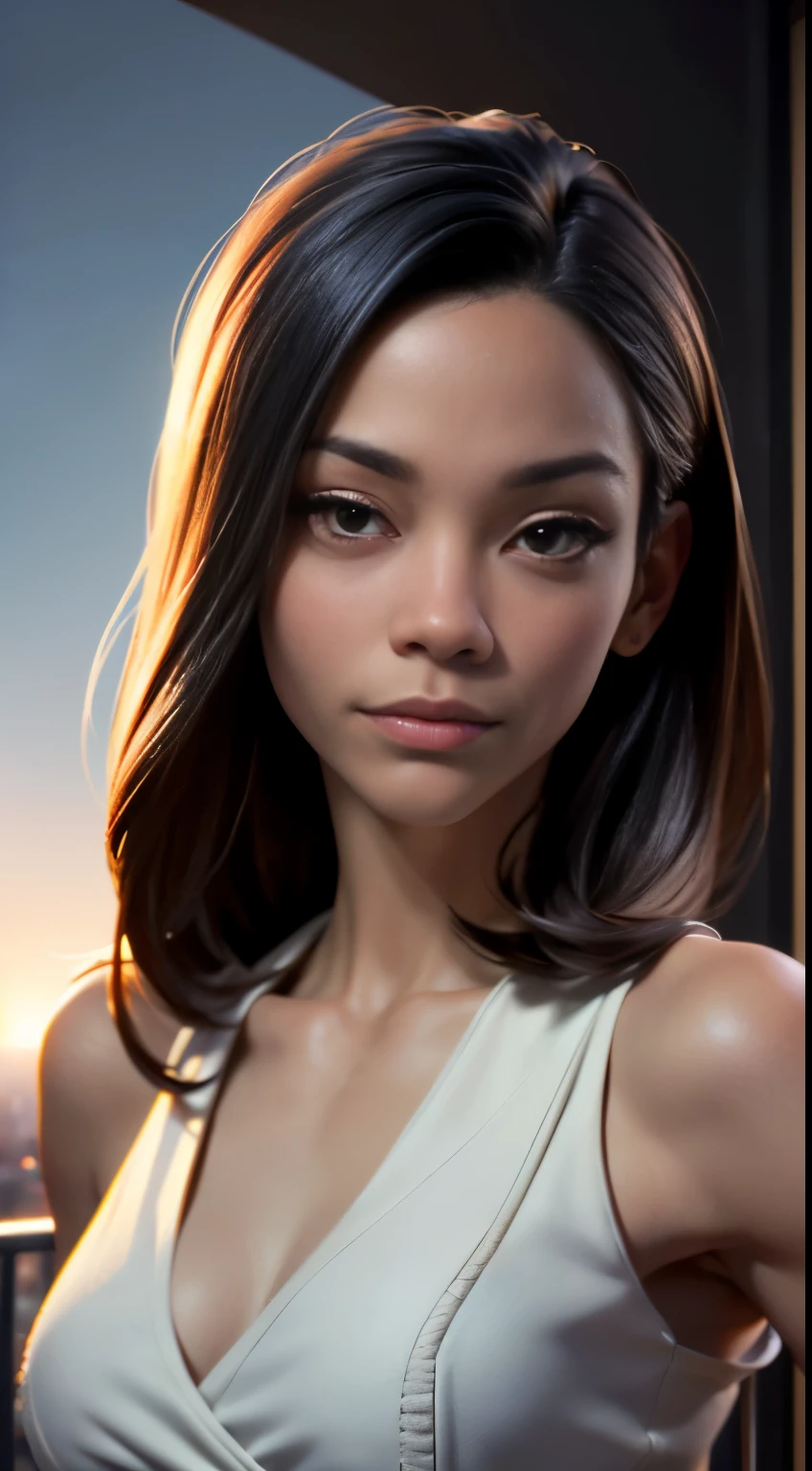 photo of Zoe Saldana, RAW, beautiful woman, ((portrait)), ((detailed face:1.2)), ((detailed facial feature, detailed skin, clear skin), (perfect proportioned body, medium breasts), (wearing a sleek dress) (high detailed city environment, apartment balcony), (realistic photo, best quality, detailed), (8k wallpaper), (cinematic lighting, dramatic lighting) (sharp focus, intricate)