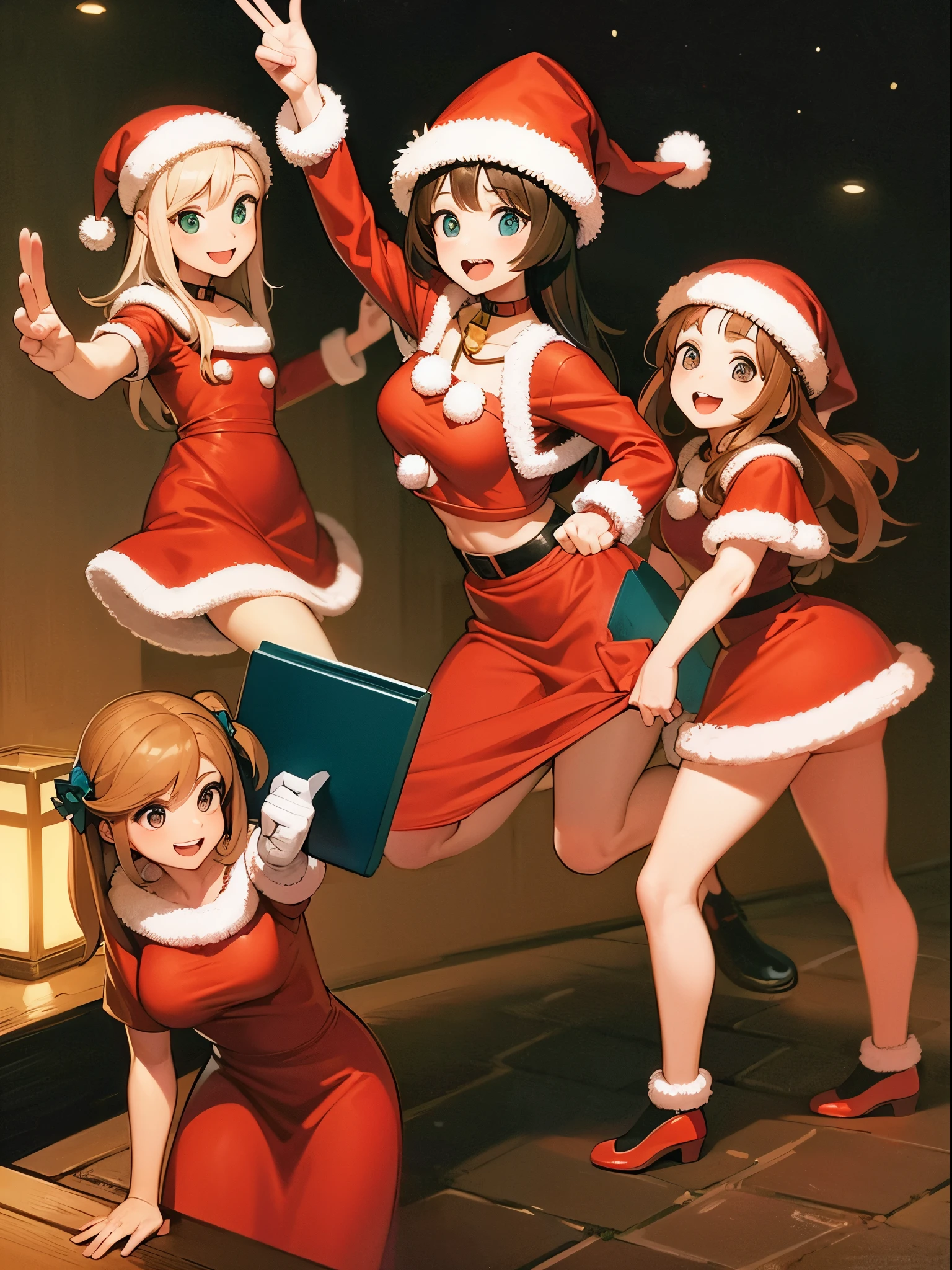 Santa Claus girls gather together, dance party on the surface of mars, digital illustration