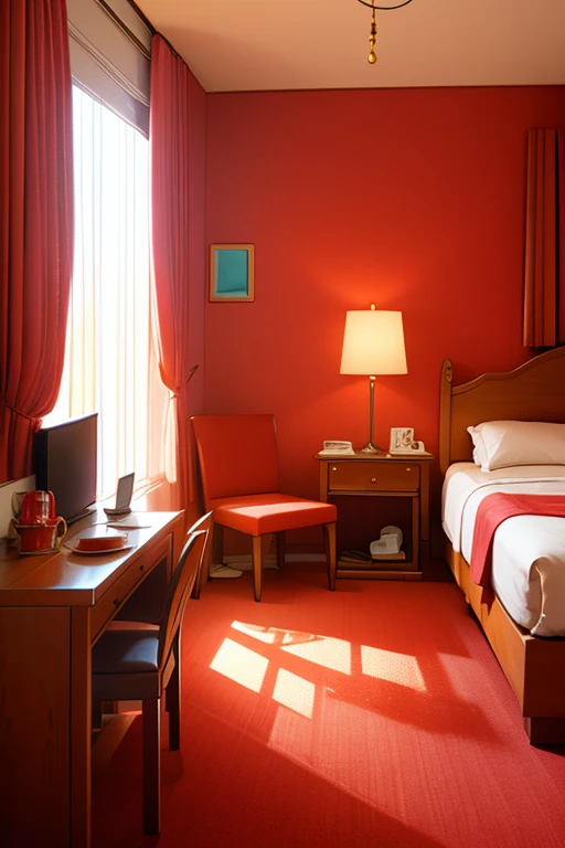 bedroom, with curtains, large kind size bed, chair, table, lamp, window, carpet, in red variations, top quality, five star hotel, deluxe