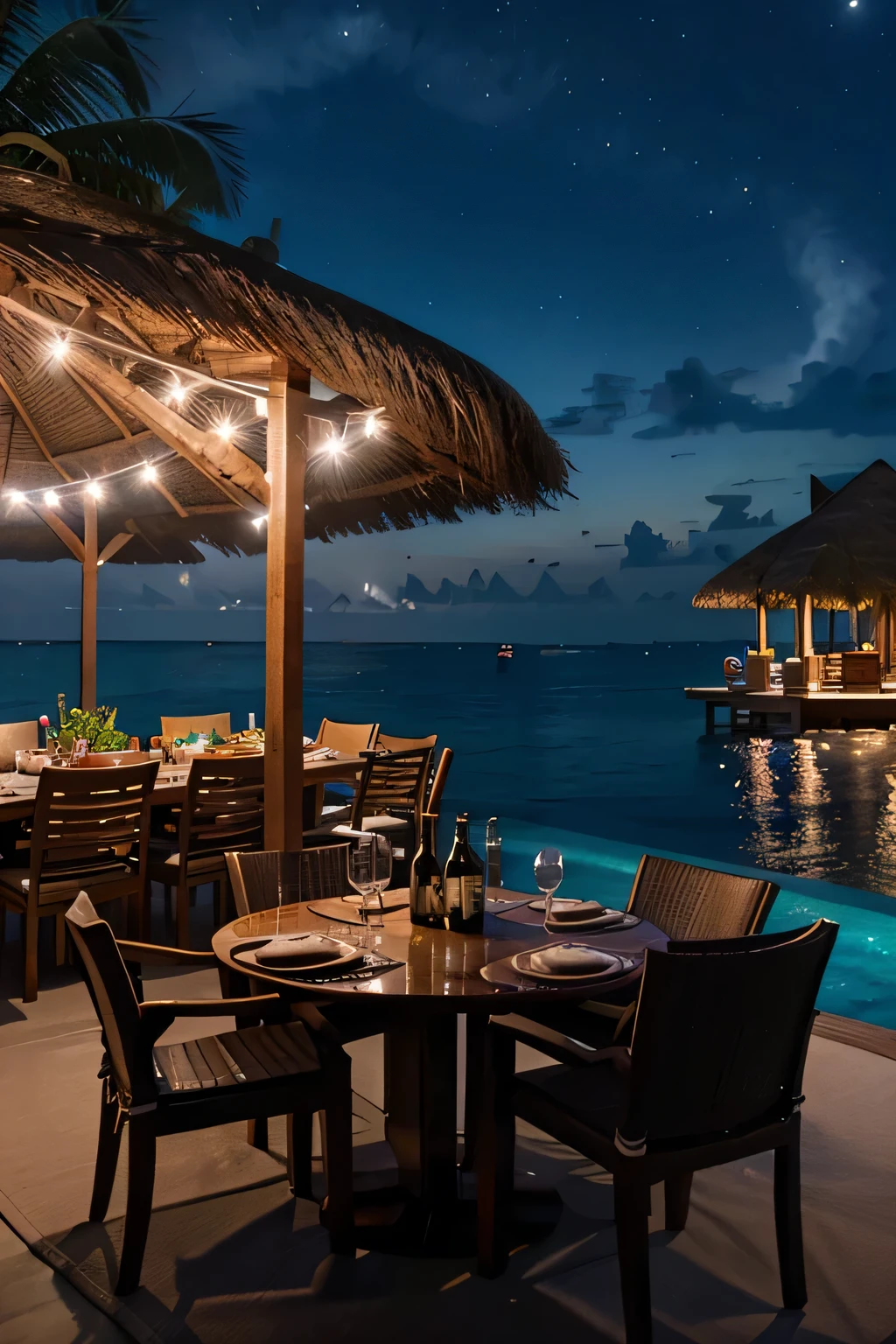 An outside dinner table in Maldives , (foods and drinks on the table) high quality, realistic, ((night time)) ((lights)