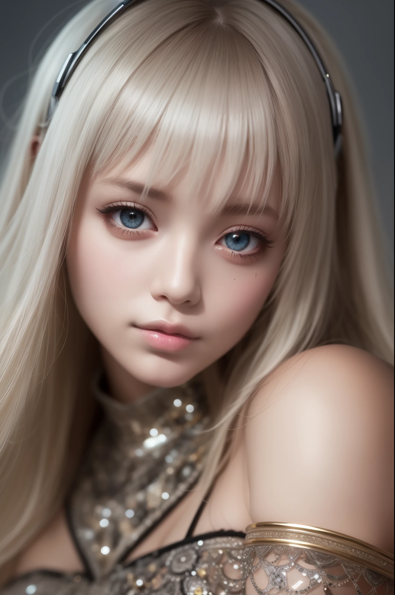 top-quality、8K Masterpiece、超A high resolution、(Photorealsitic:1.3)、Raw photo、1人、silver white hair、glowy skin、1 Cyberpunk Super Beautiful Soldier、((super realistic details))、portlate、globalillumination、Shadow、octan render、8K、ultrasharp、beauty breast、Raw skin is exposed in cleavage、metals、cold color、、highly intricate detail、Realistic light、CGSoation trend beautiful eyes、Eyes shining towards the camera、neon details、