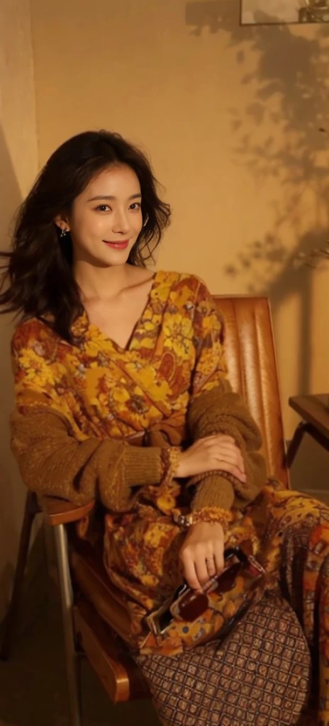 (On a table, Best quality at best, realistically, ultra - detailed, meticuloso, A high resolution, 8k wallpaper), Close-up portrait of a beautiful woman, Chariada, Smiling, light brown messy hair, Perfect dynamic composition, 美丽meticuloso的眼睛, Just like the cover of a fashion magazine, On campus